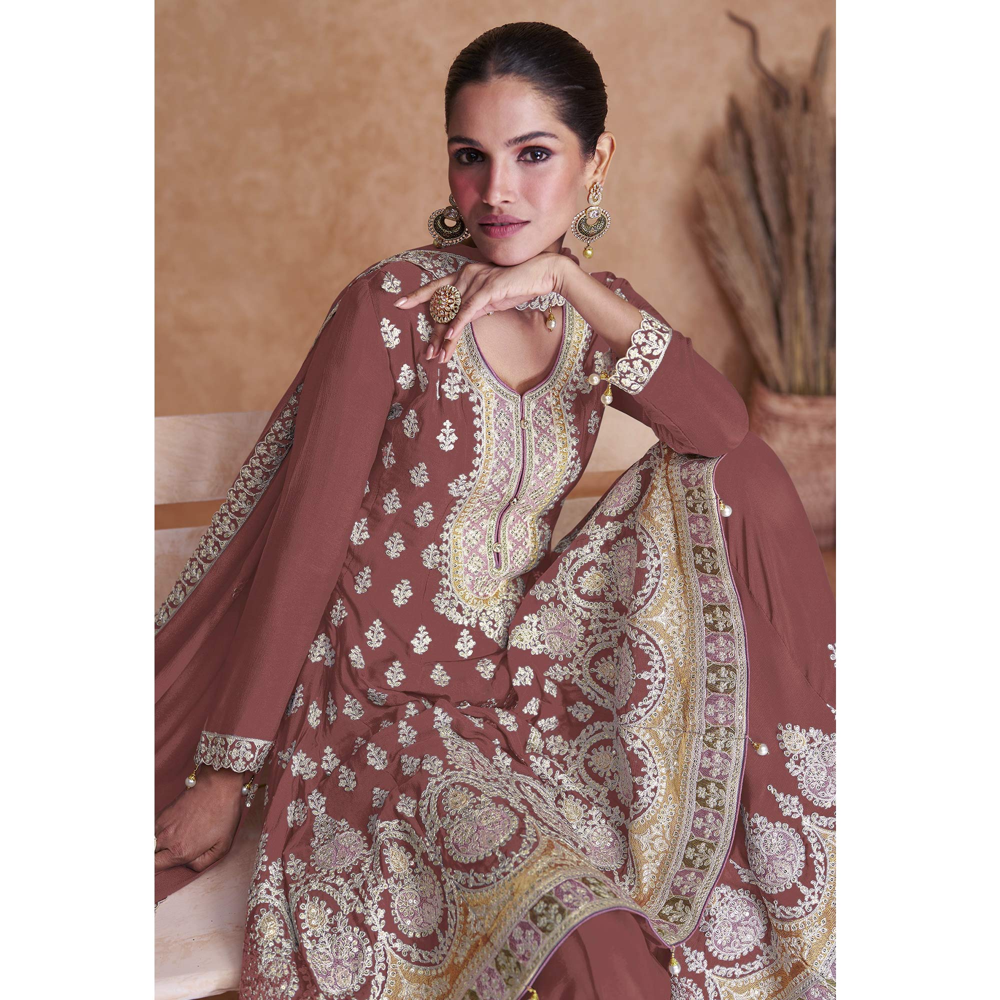 Brown Floral Embroidered Georgette Semi Stitched Suit