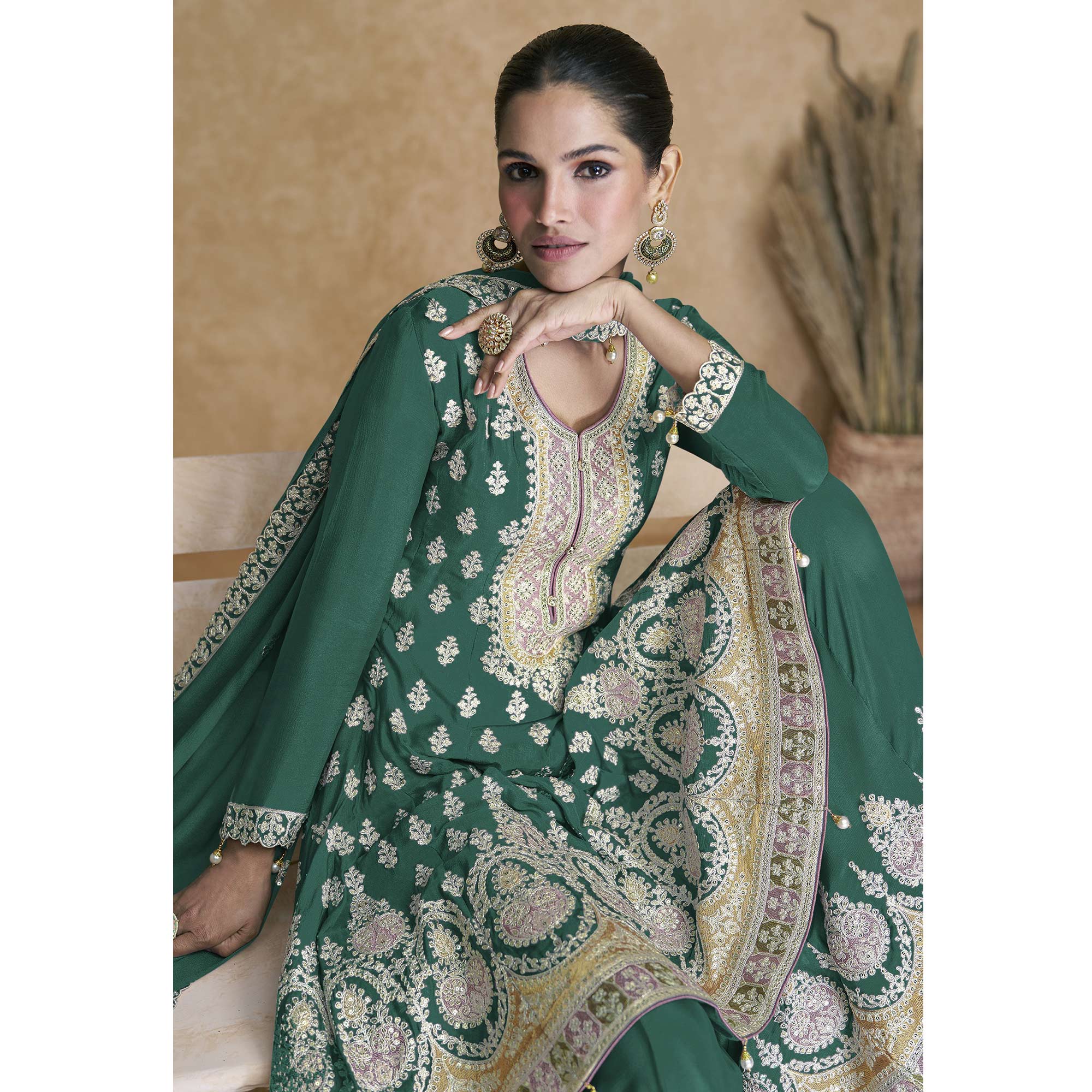 Green Floral Embroidered Georgette Semi Stitched Suit