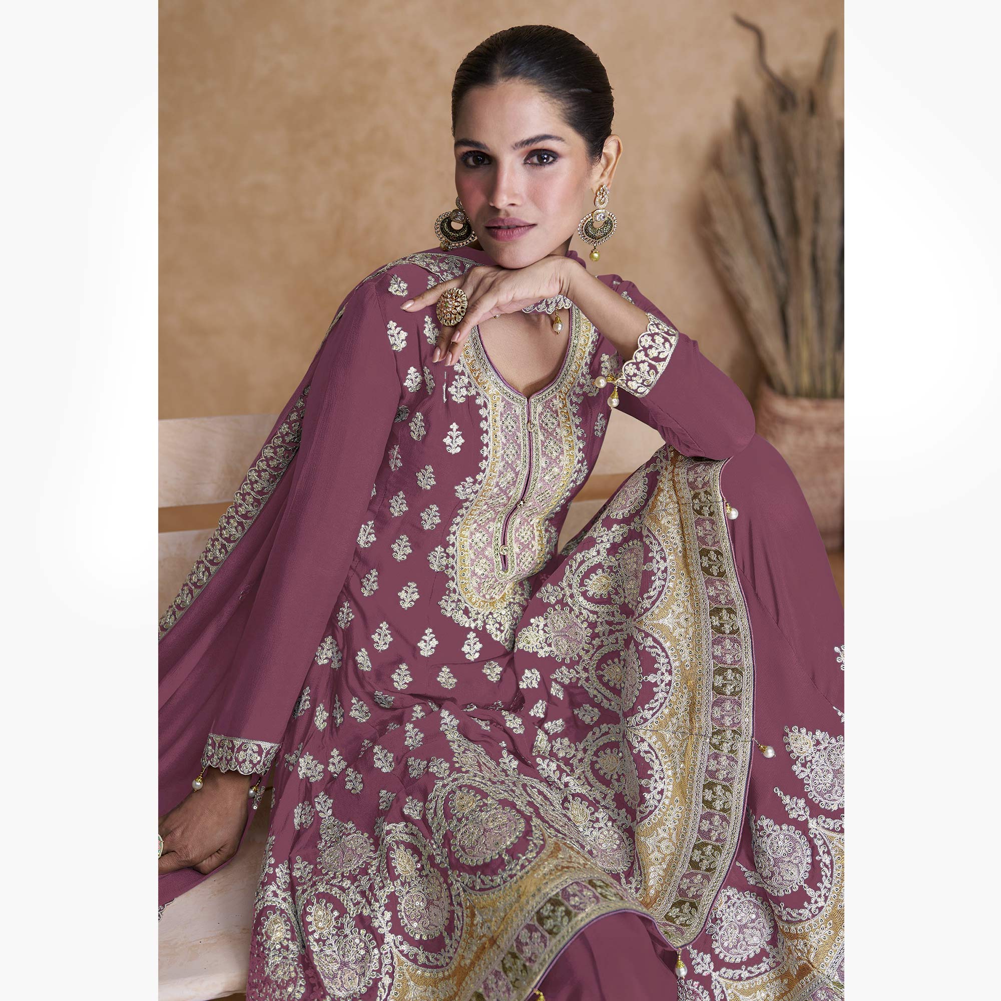 Mauve Floral Embroidered Georgette Semi Stitched Suit