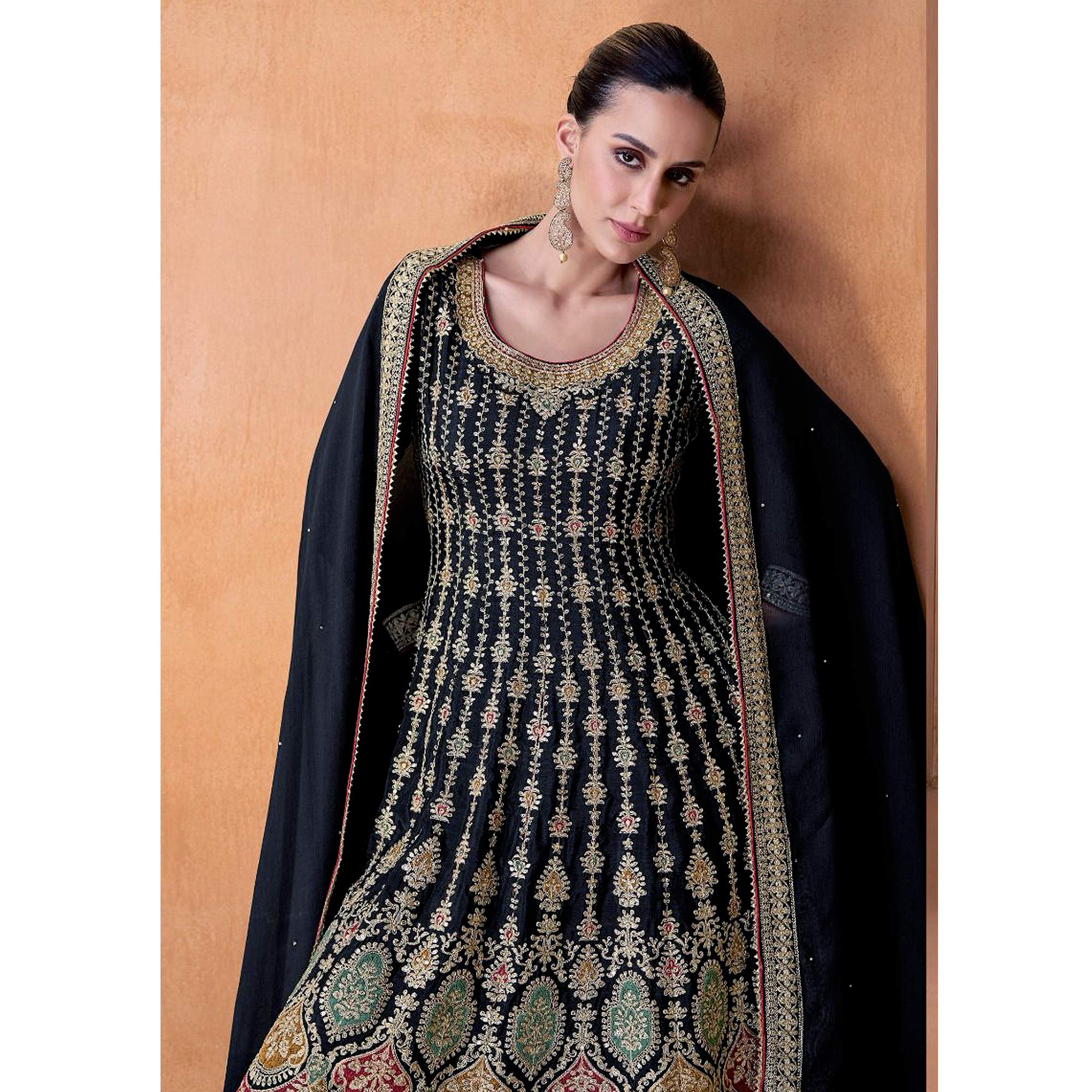 Dark Blue Sequins Embroidered Georgette Semi Stitched Sharara Suit