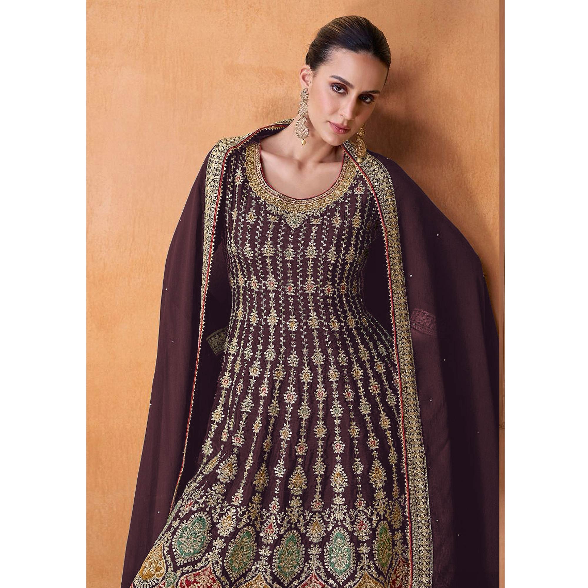 Wine Sequins Embroidered Georgette Semi Stitched Sharara Suit