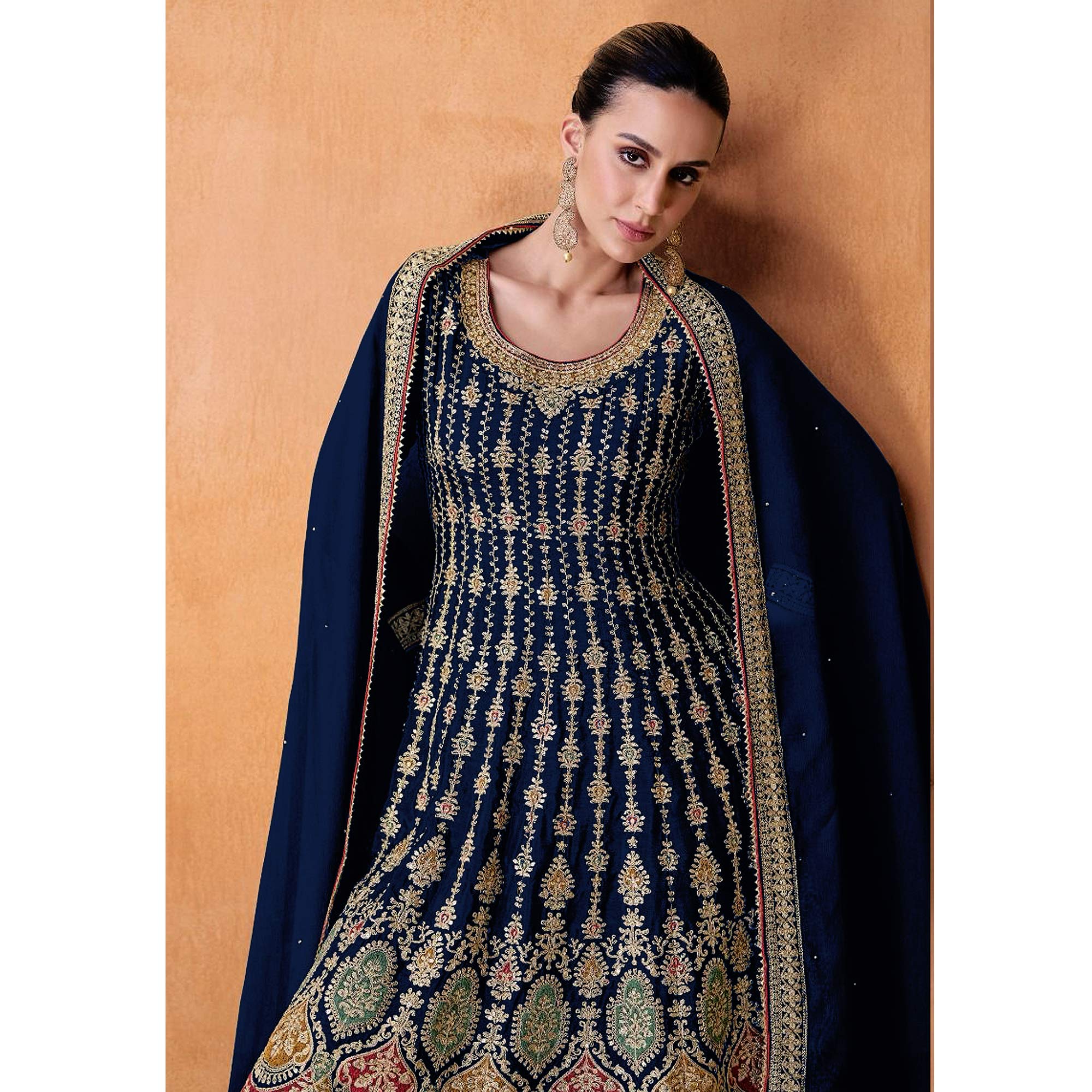 Blue Sequins Embroidered Georgette Semi Stitched Sharara Suit