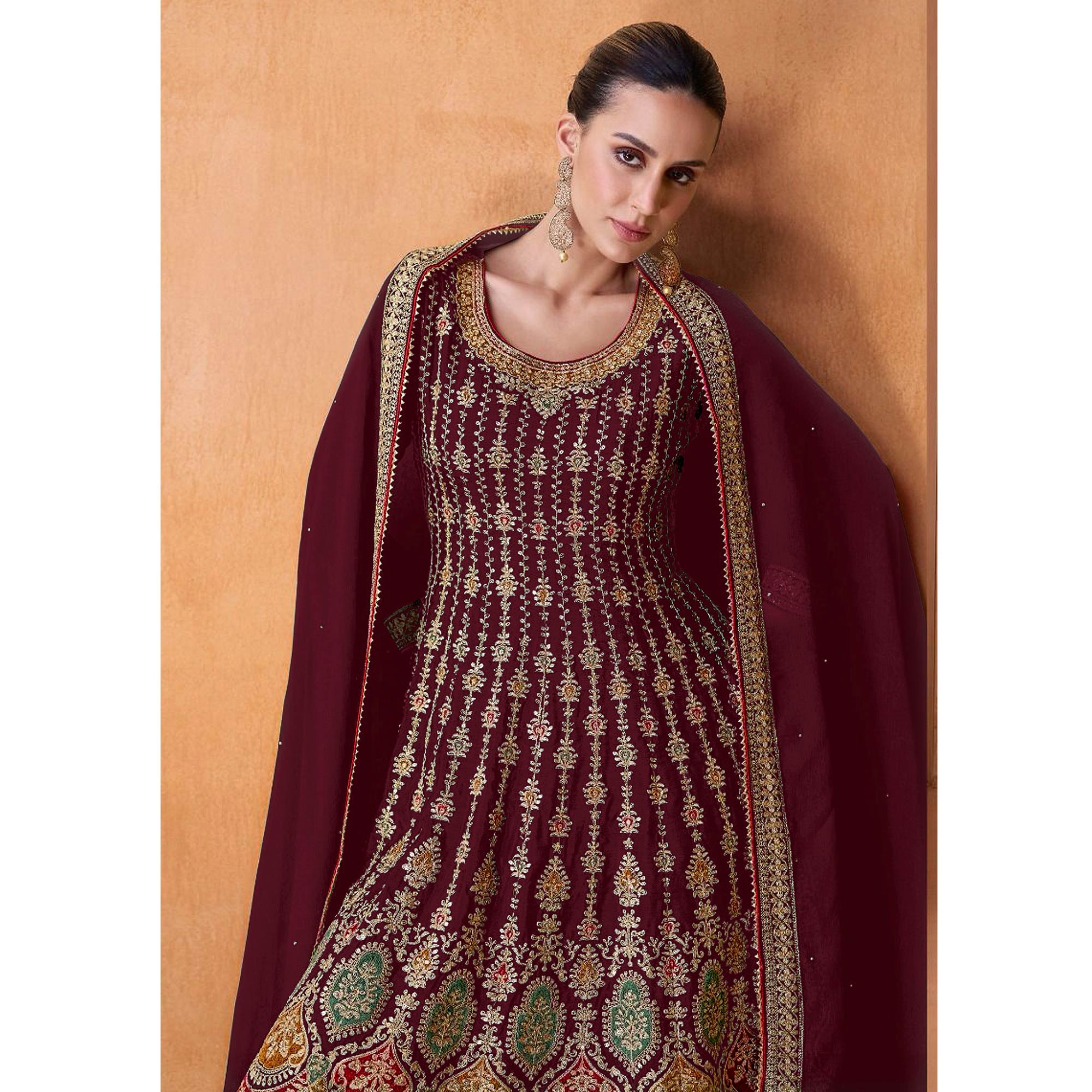 Maroon Sequins Embroidered Georgette Semi Stitched Sharara Suit