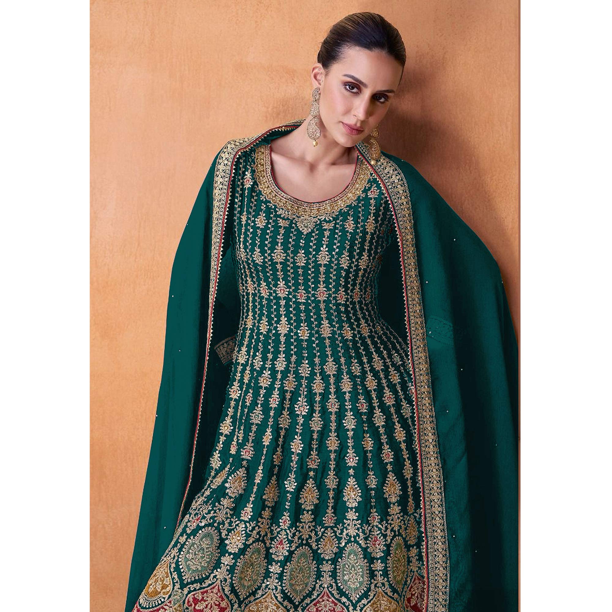 Rama Green Sequins Embroidered Georgette Semi Stitched Sharara Suit