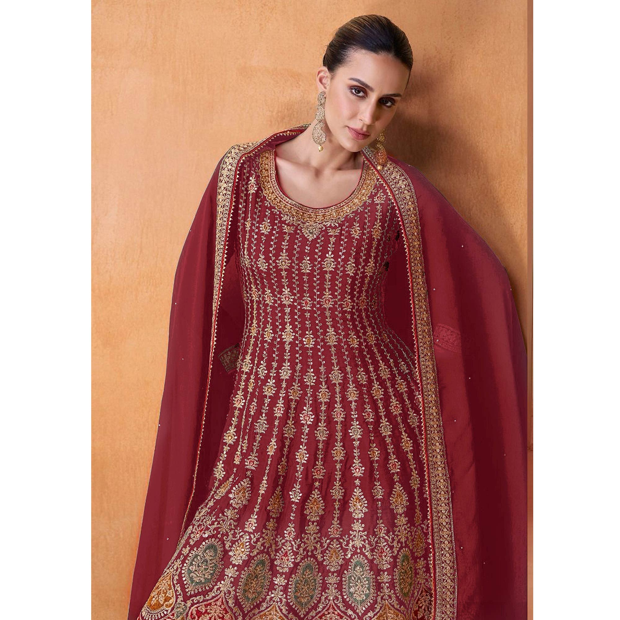 Red Sequins Embroidered Georgette Semi Stitched Sharara Suit