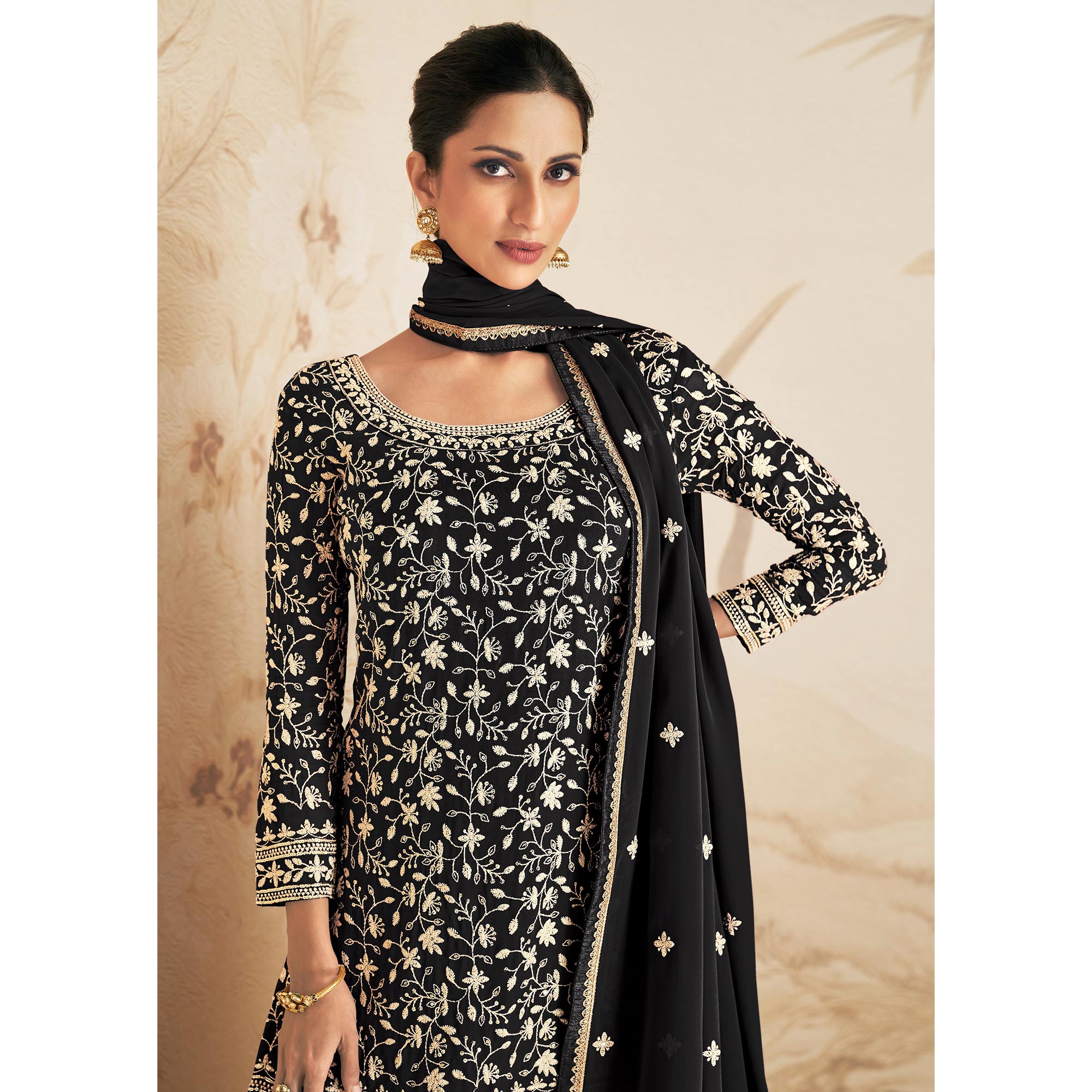 Black Floral Embroidered Georgette Semi Stitched Sharara Suit