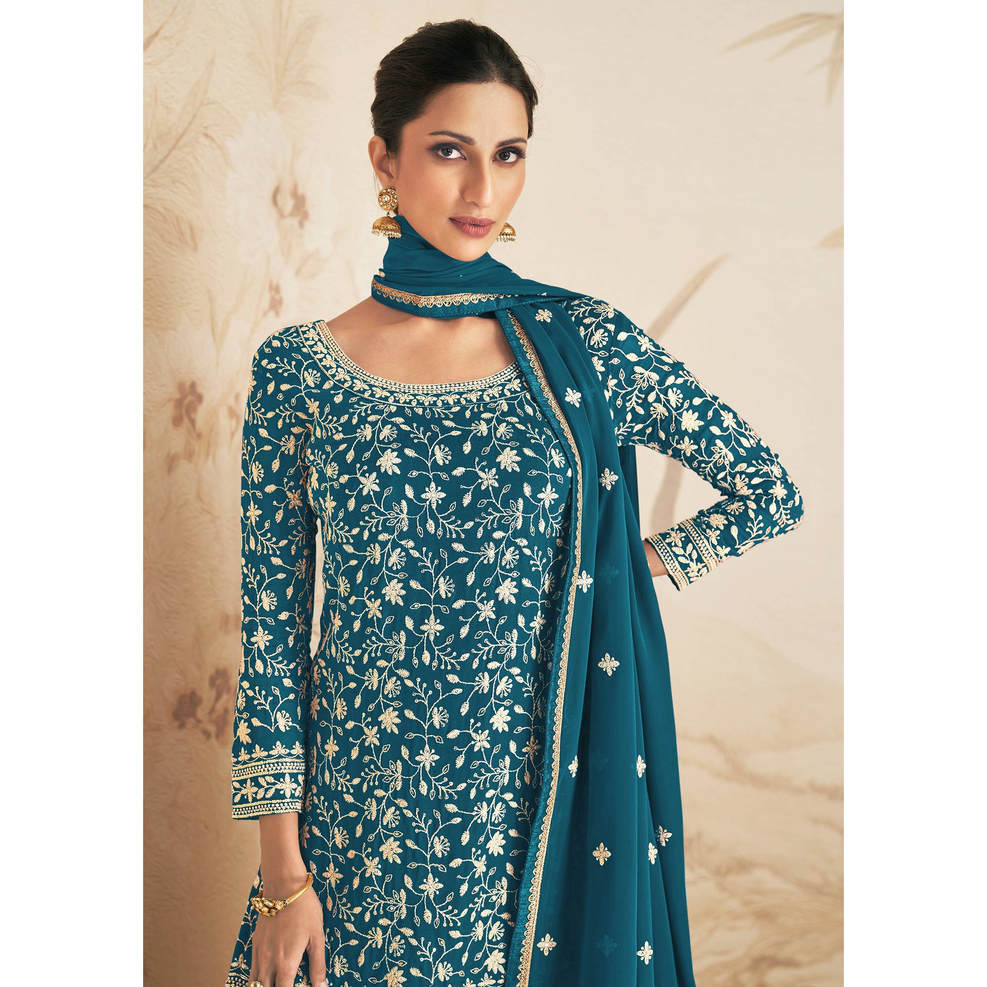 Blue Floral Embroidered Georgette Semi Stitched Sharara Suit