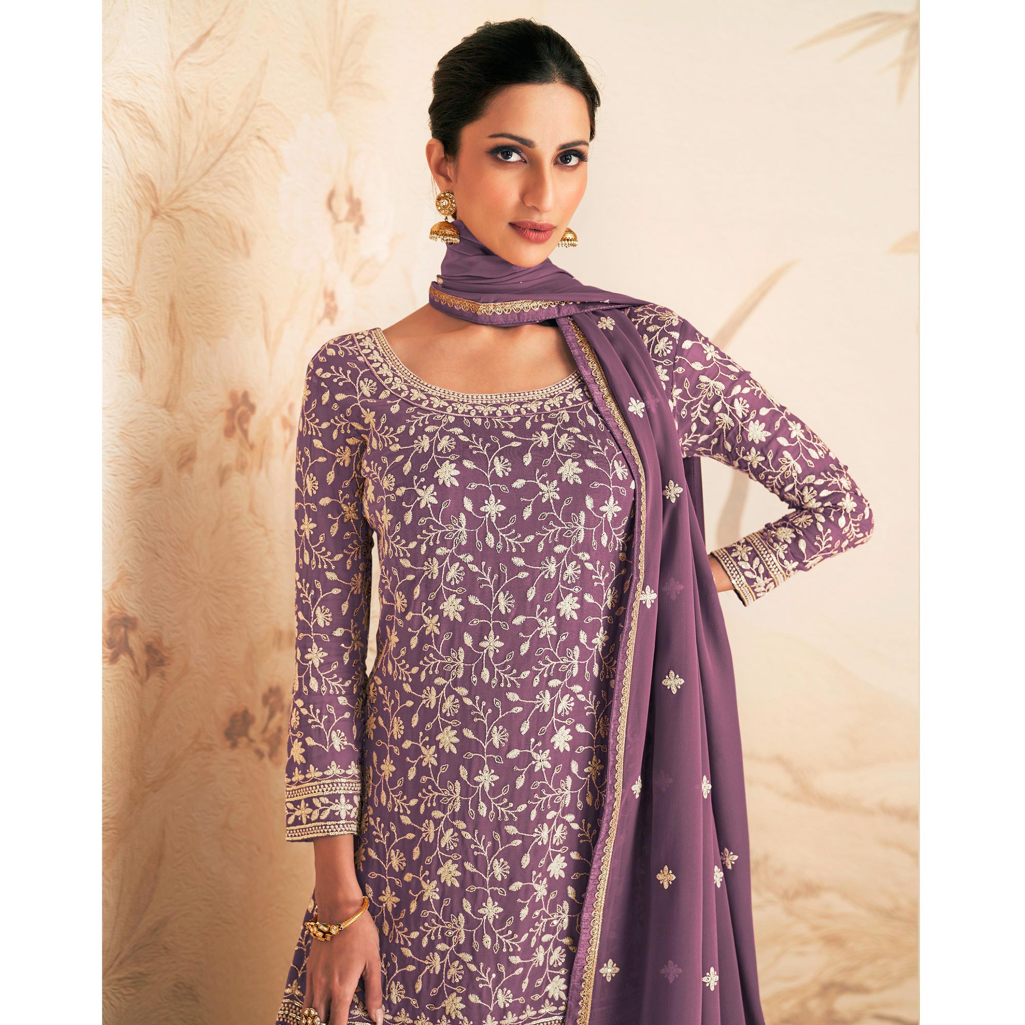 Purple Floral Embroidered Georgette Semi Stitched Sharara Suit