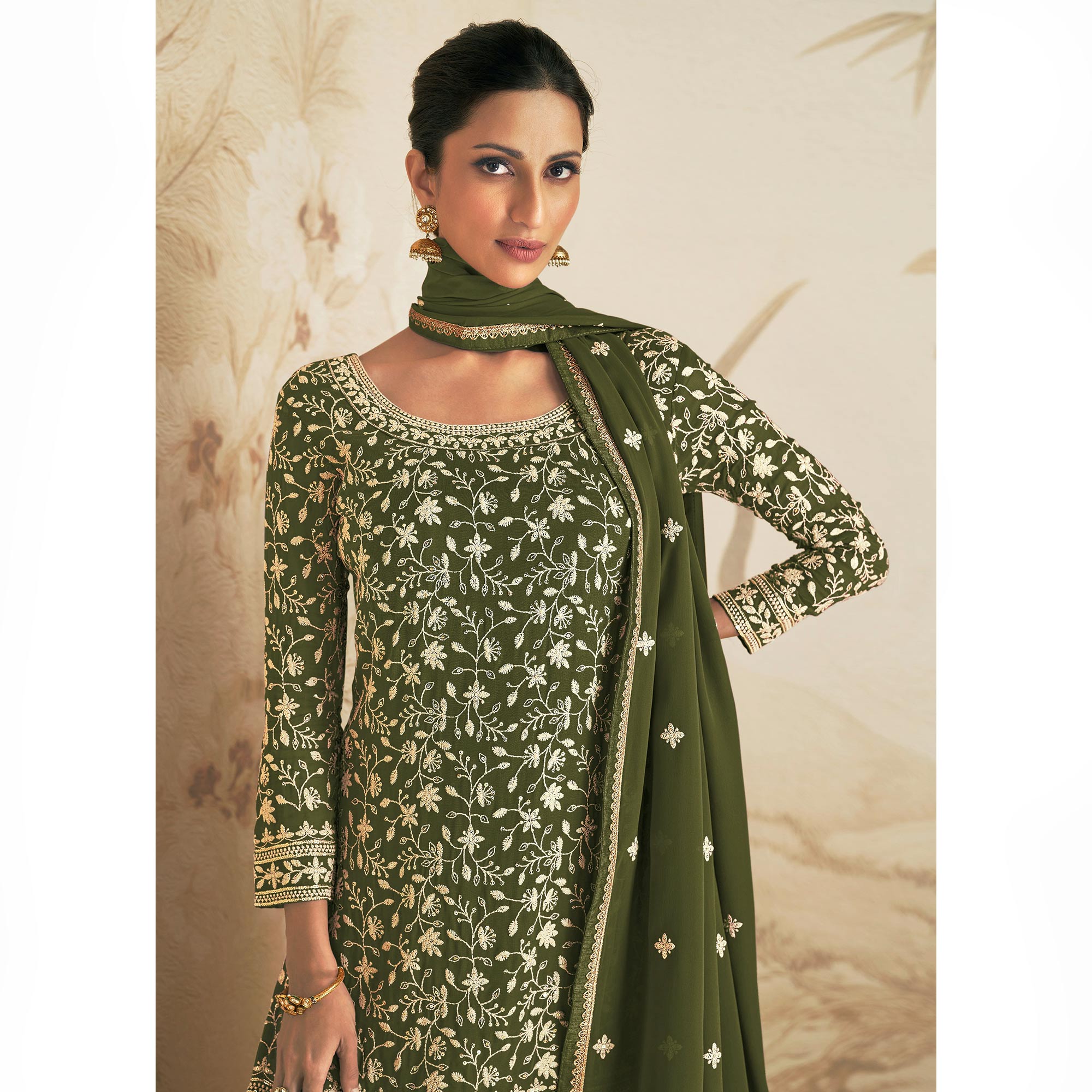 Mehendi Green Floral Embroidered Georgette Semi Stitched Sharara Suit