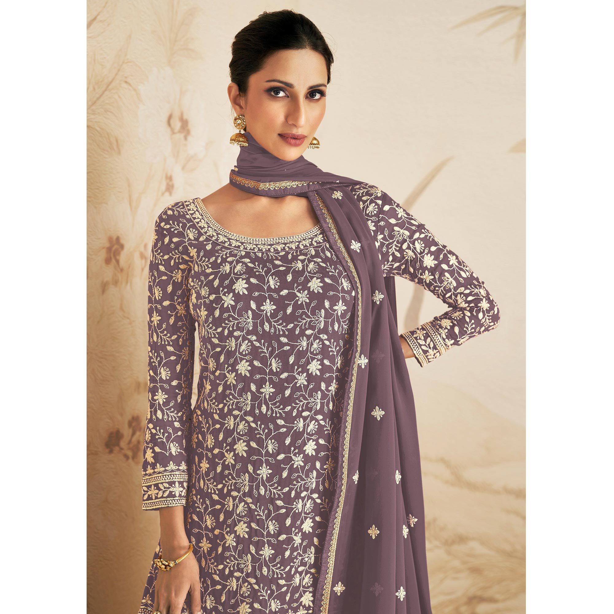 Mauve Floral Embroidered Georgette Semi Stitched Sharara Suit