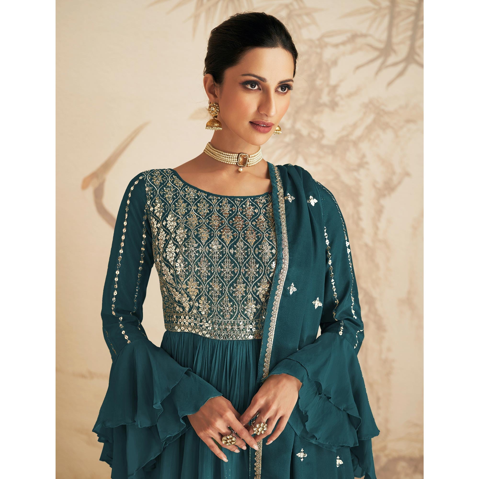 Teal Blue Sequins Embroidered Chinon Semi Stitched Sharara Suit
