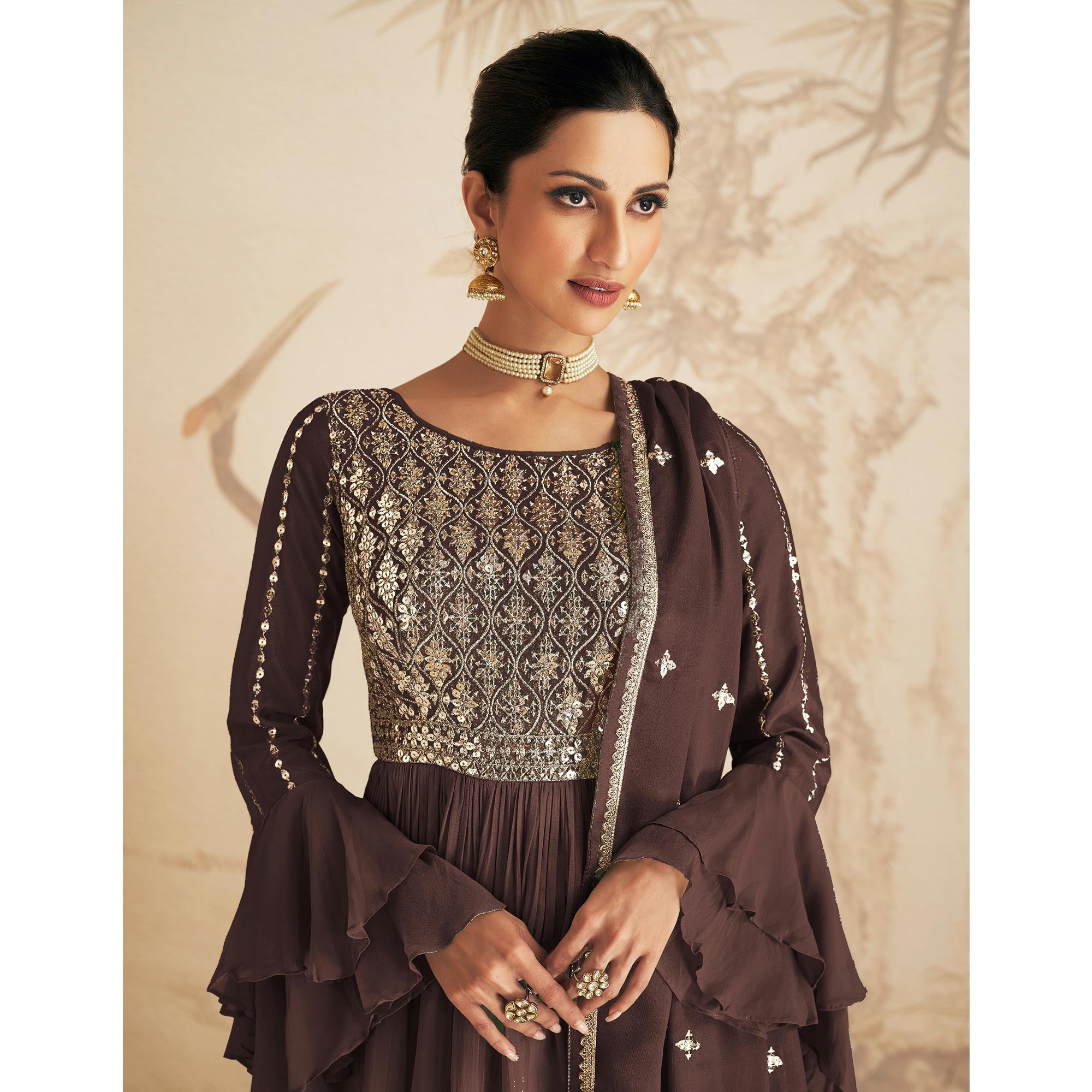 Brown Sequins Embroidered Chinon Semi Stitched Sharara Suit