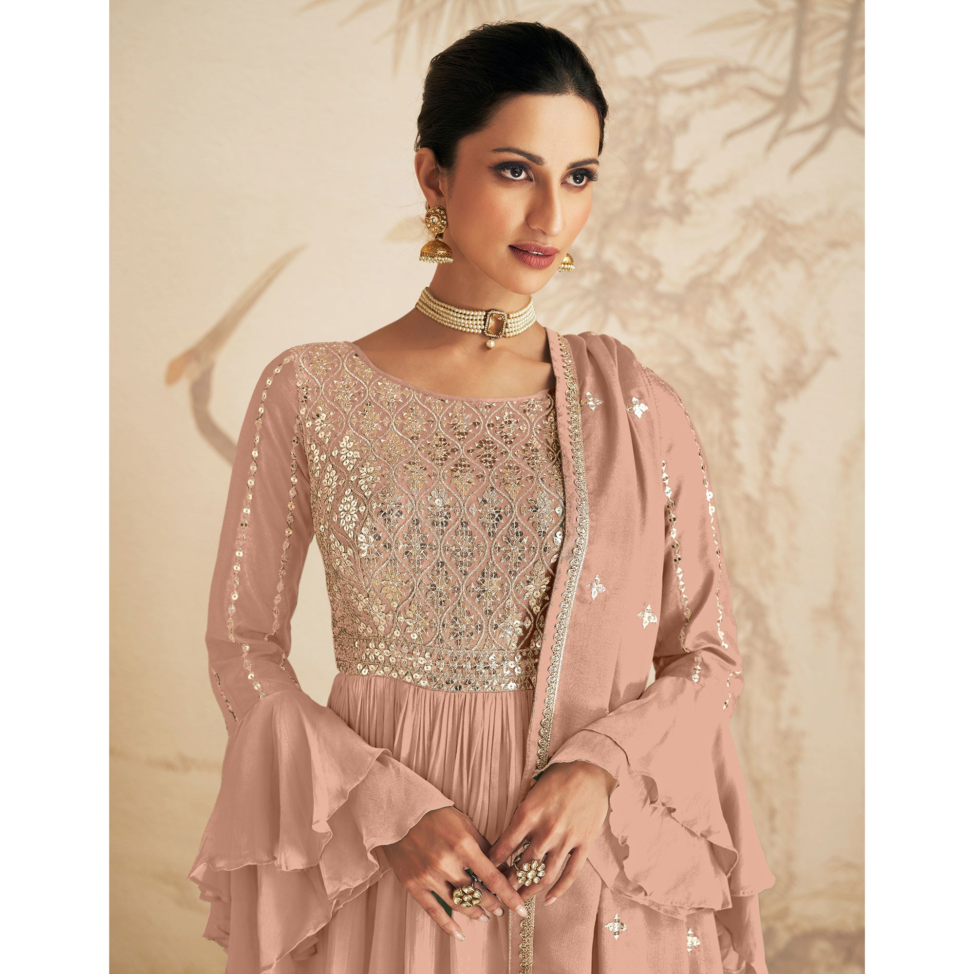 Peach Sequins Embroidered Chinon Semi Stitched Sharara Suit