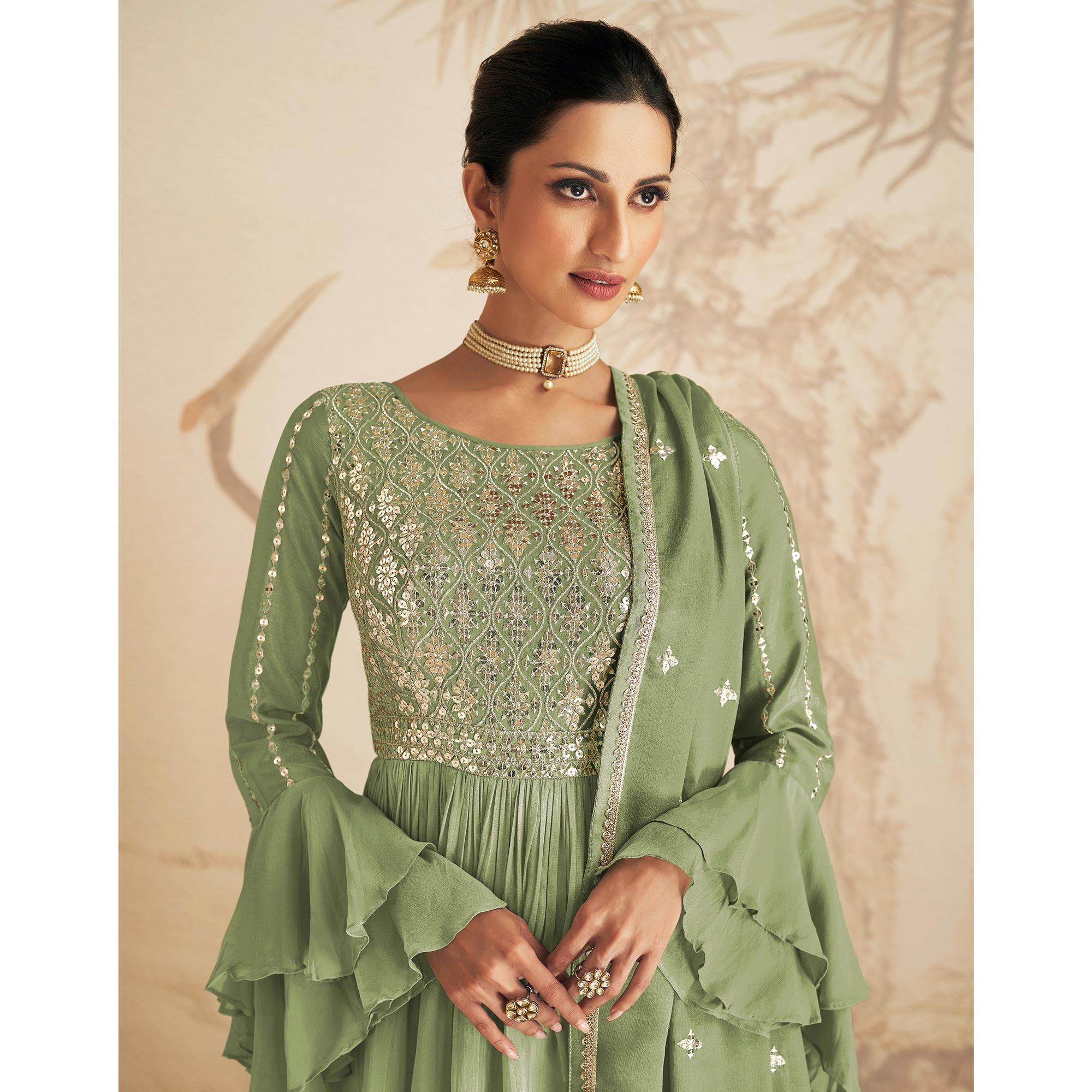 Pista Green Sequins Embroidered Chinon Semi Stitched Sharara Suit