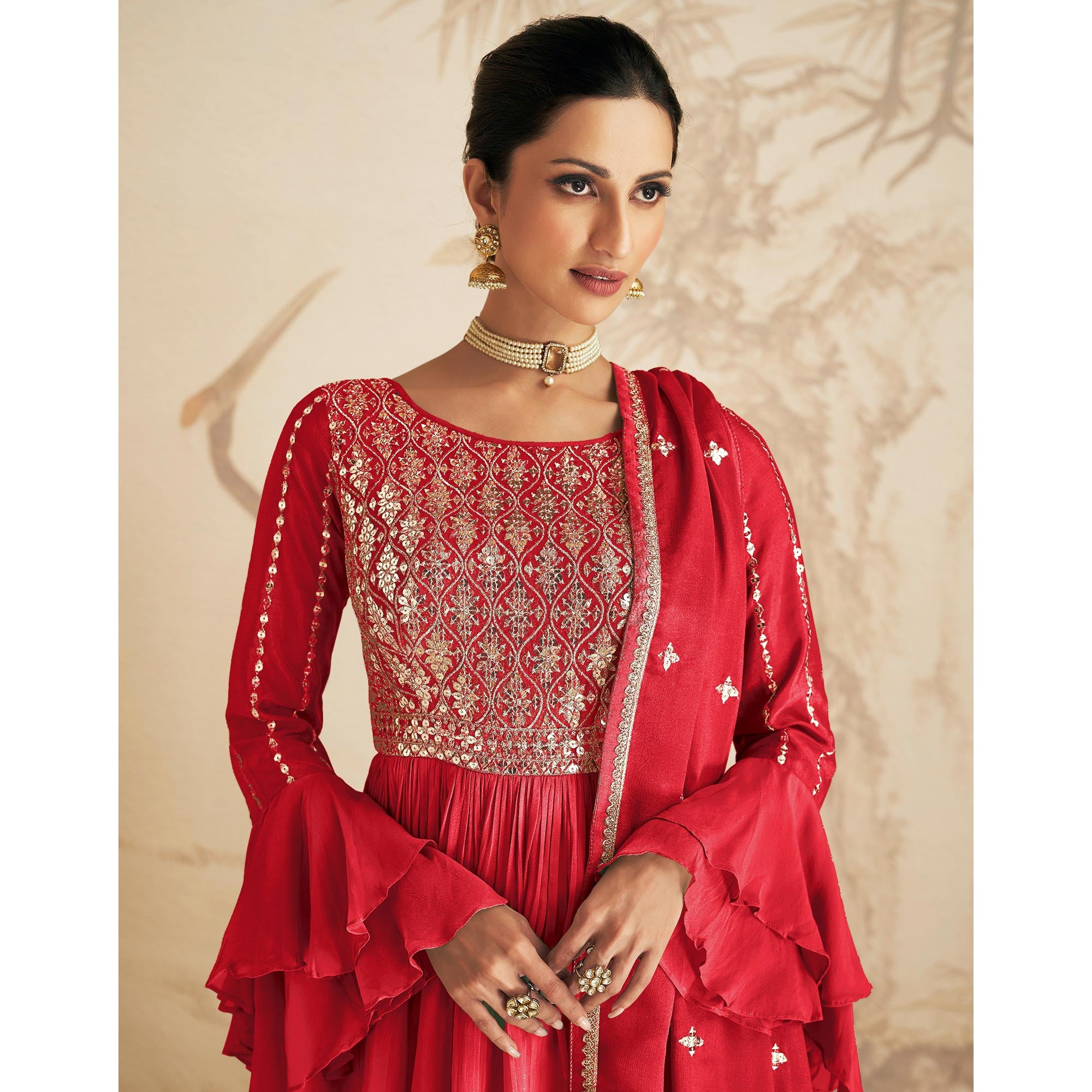 Red Sequins Embroidered Chinon Semi Stitched Sharara Suit