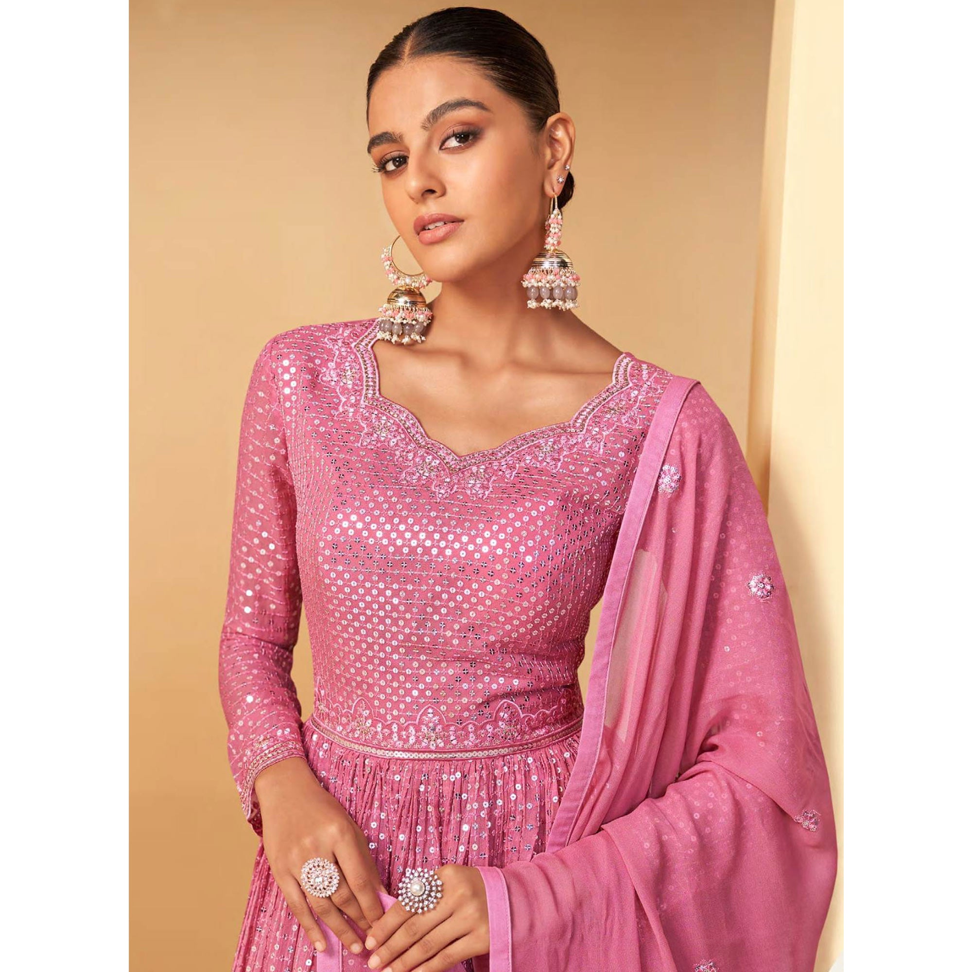 Pink Sequins Embroidered Georgette Semi Stitched Sharara Suit