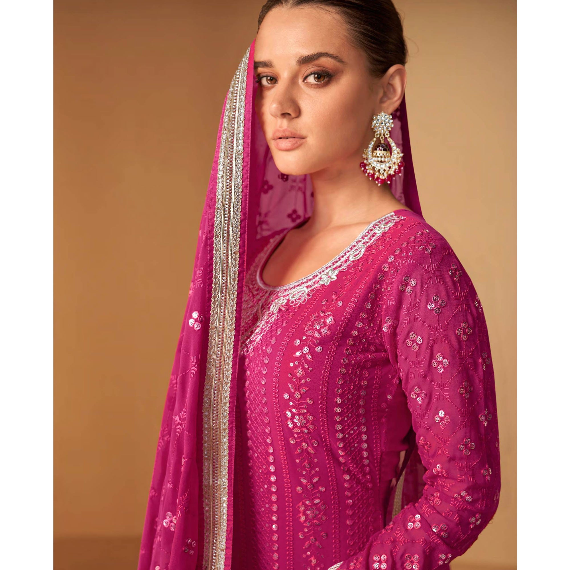 Rani Pink Floral Embroidered Georgette Semi Stitched Sharara Suit