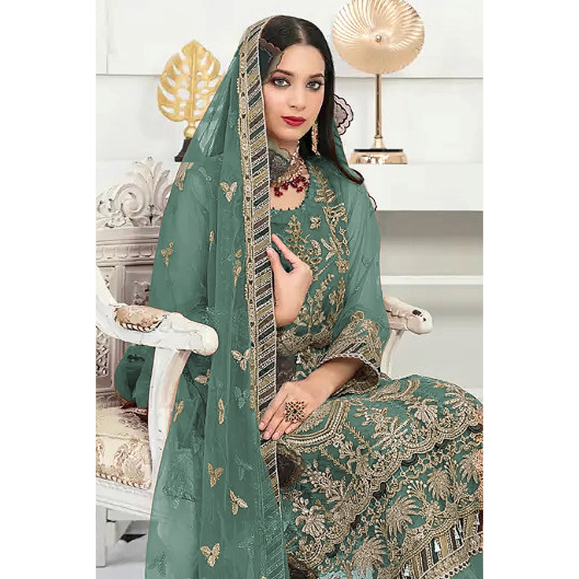 Green Floral Embroidered Net Semi Stitched Pakistani Suit