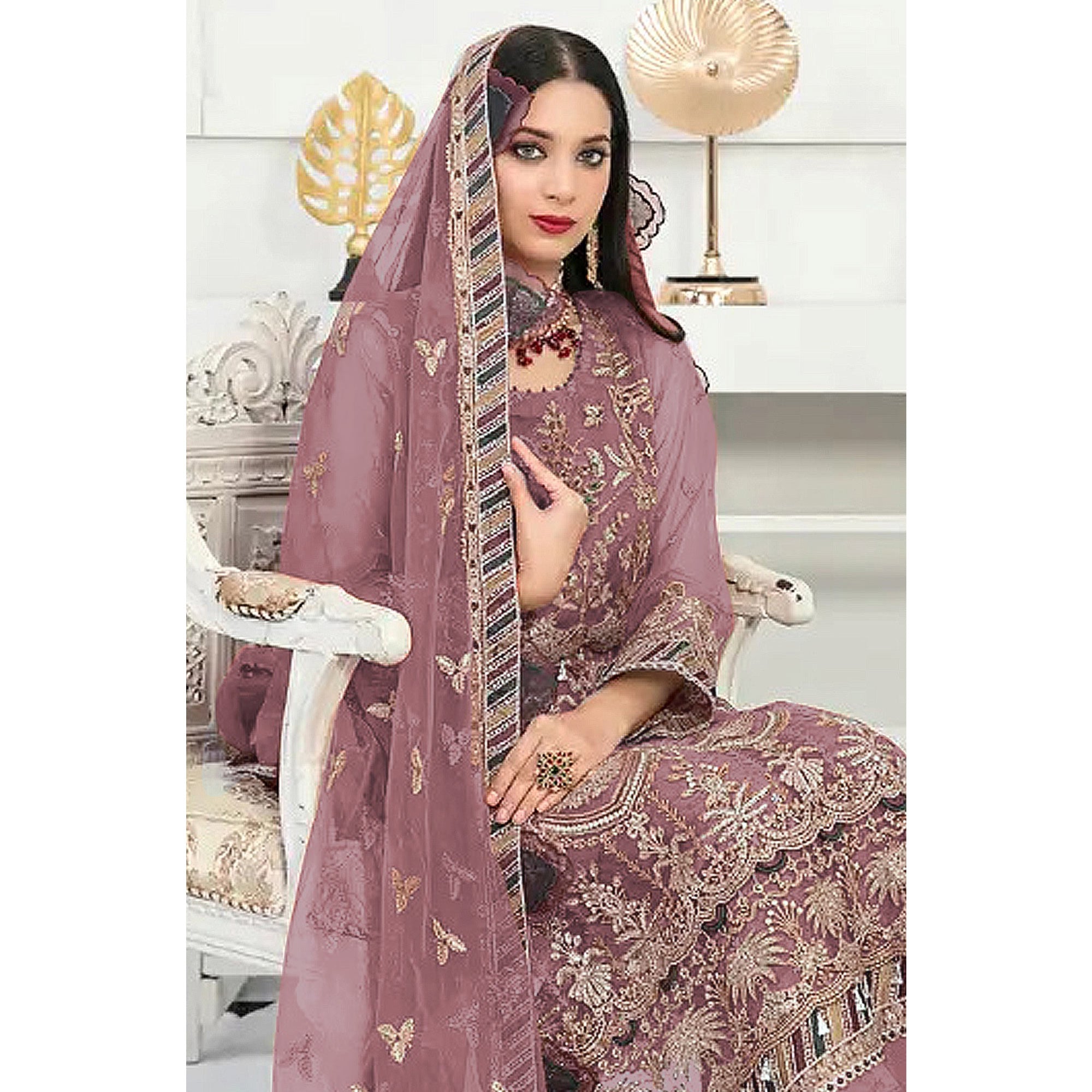 Light Mauve Floral Embroidered Net Semi Stitched Pakistani Suit