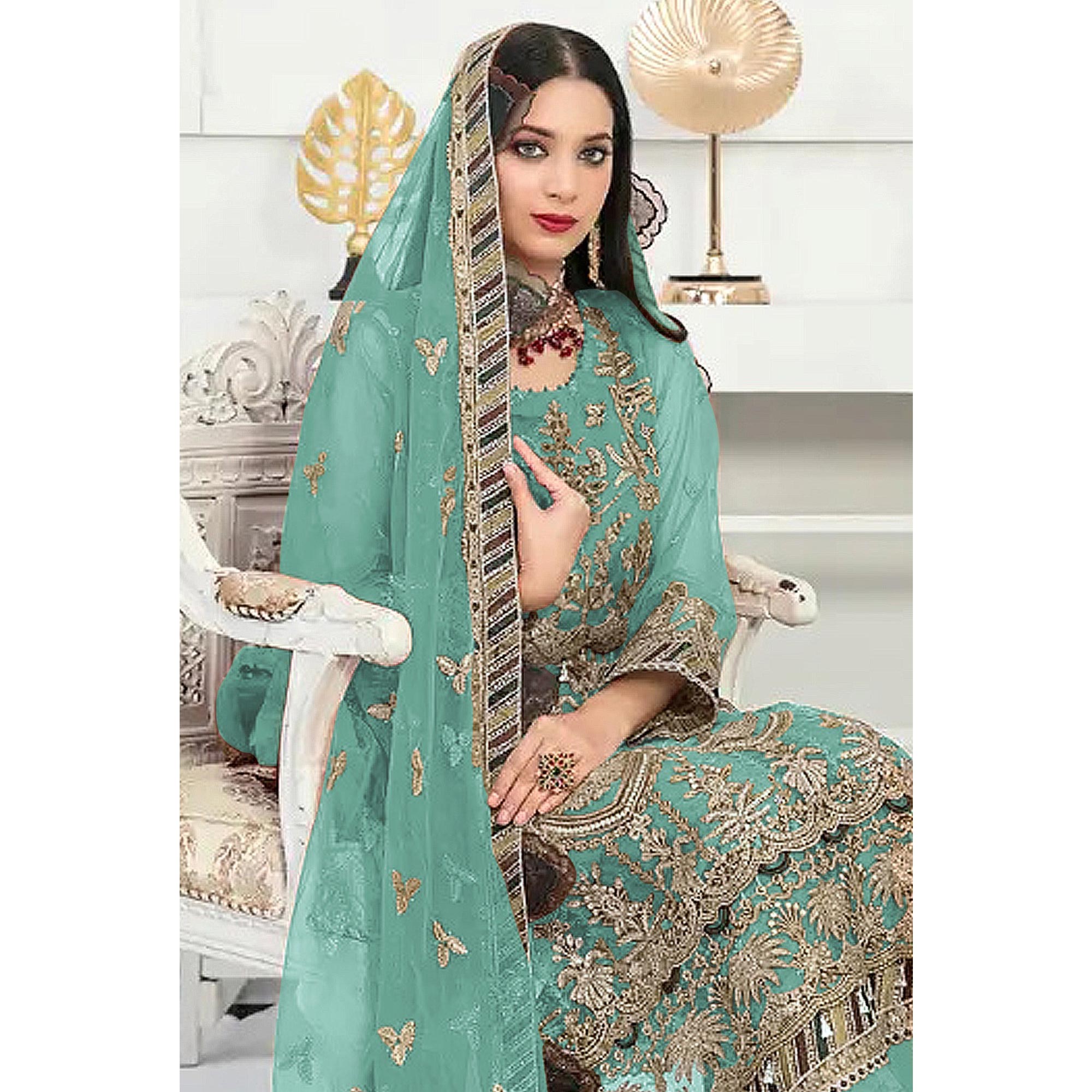 Turquoise Floral Embroidered Net Semi Stitched Pakistani Suit