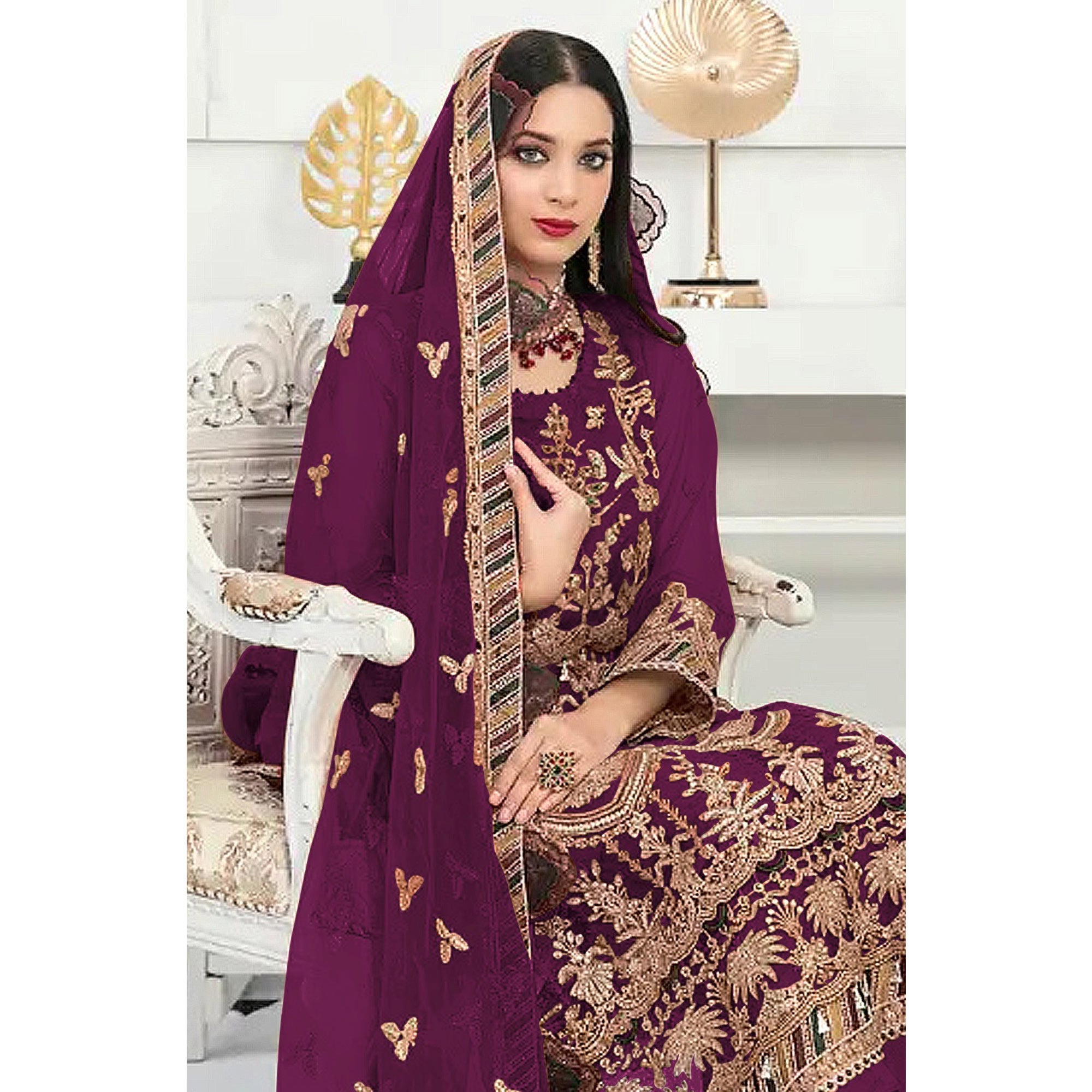 Purple Floral Embroidered Net Semi Stitched Pakistani Suit