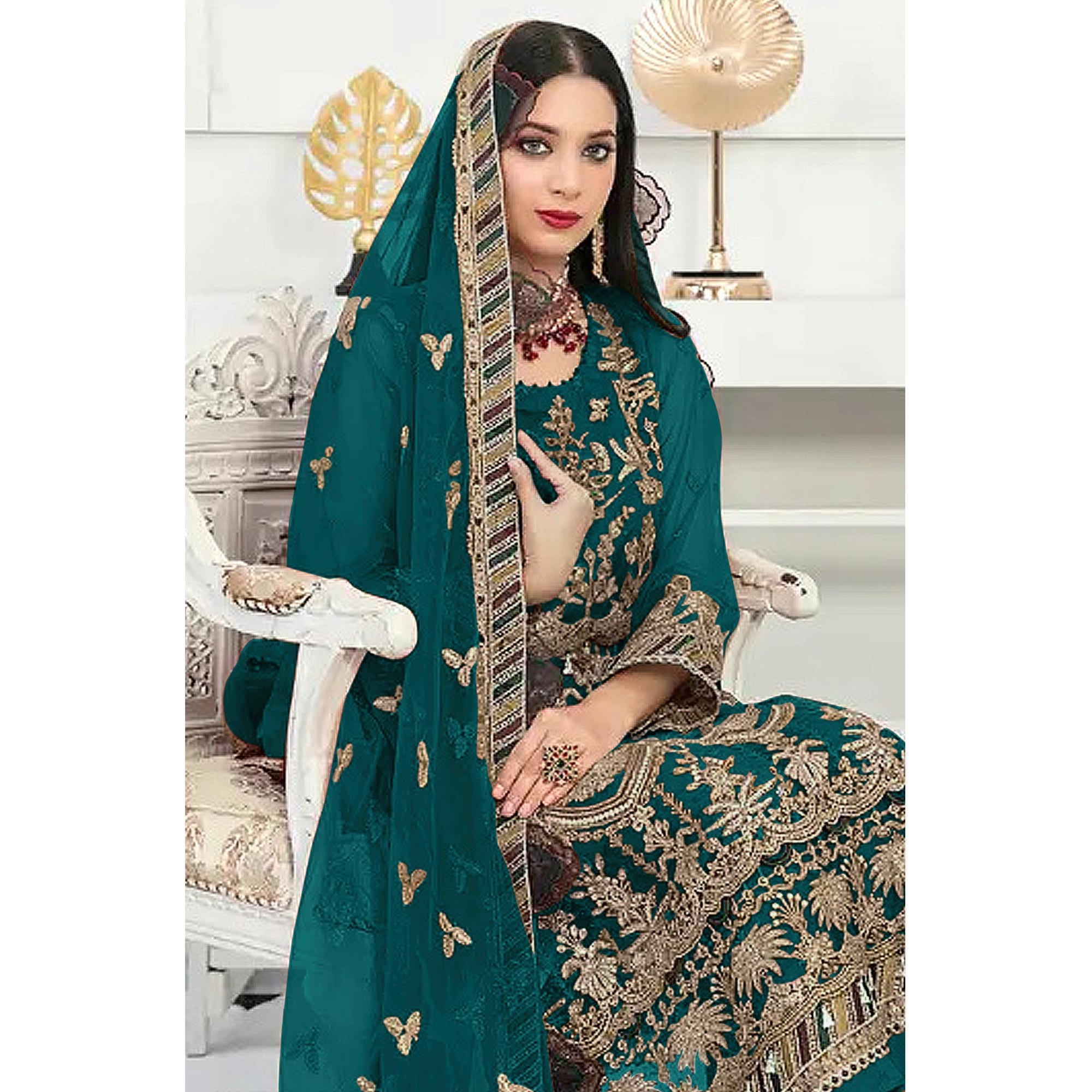 Teal Floral Embroidered Net Semi Stitched Pakistani Suit