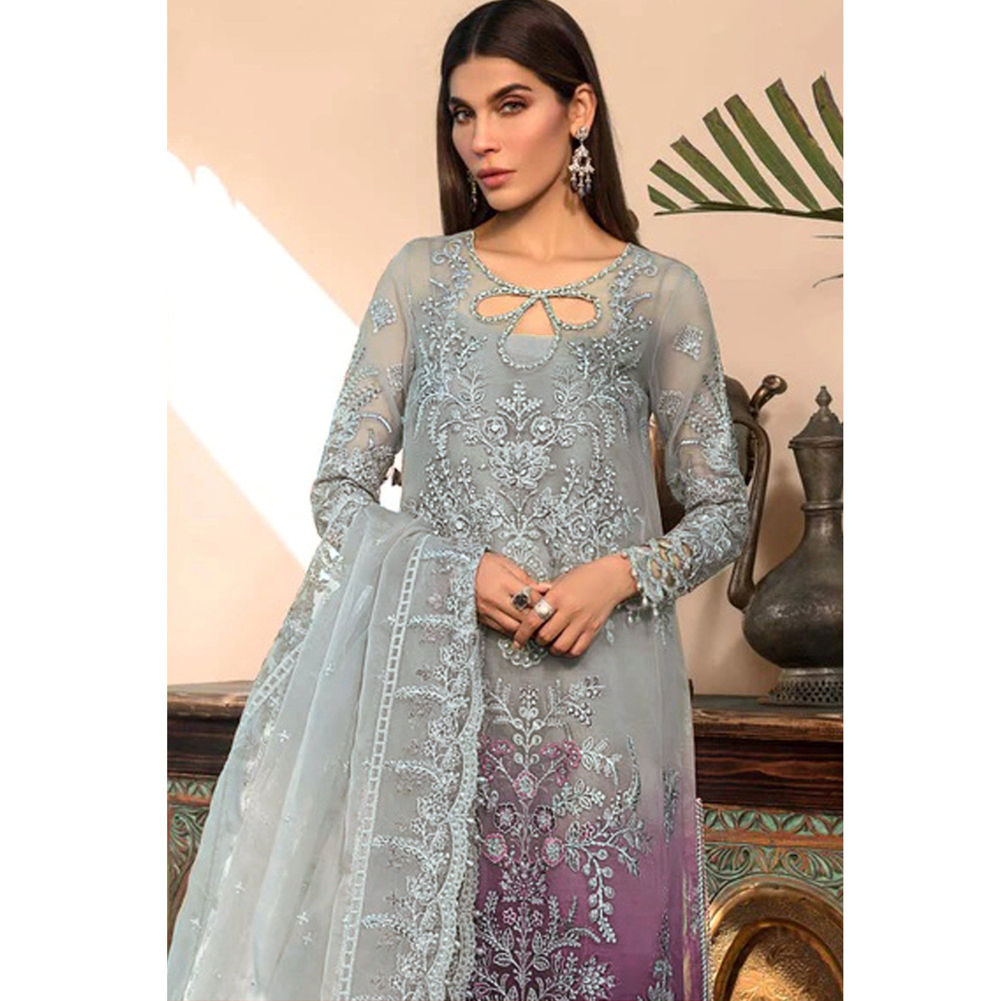 Grey & Purple Floral Embroidered Organza Semi Stitched Pakistani Suit