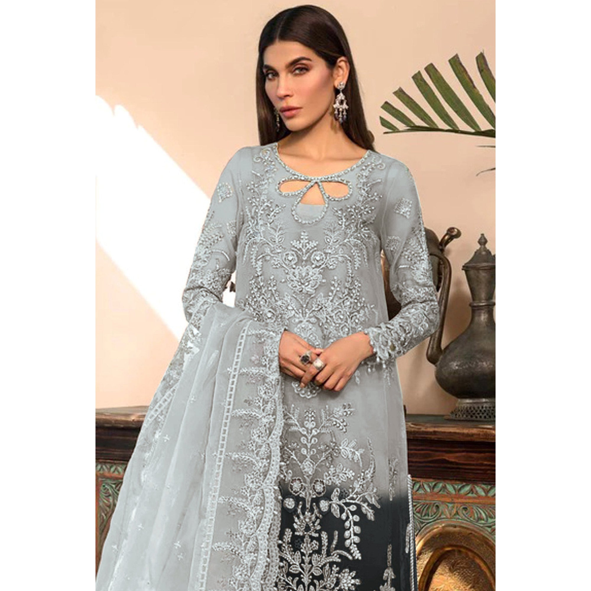 Grey & Black Floral Embroidered Organza Semi Stitched Pakistani Suit