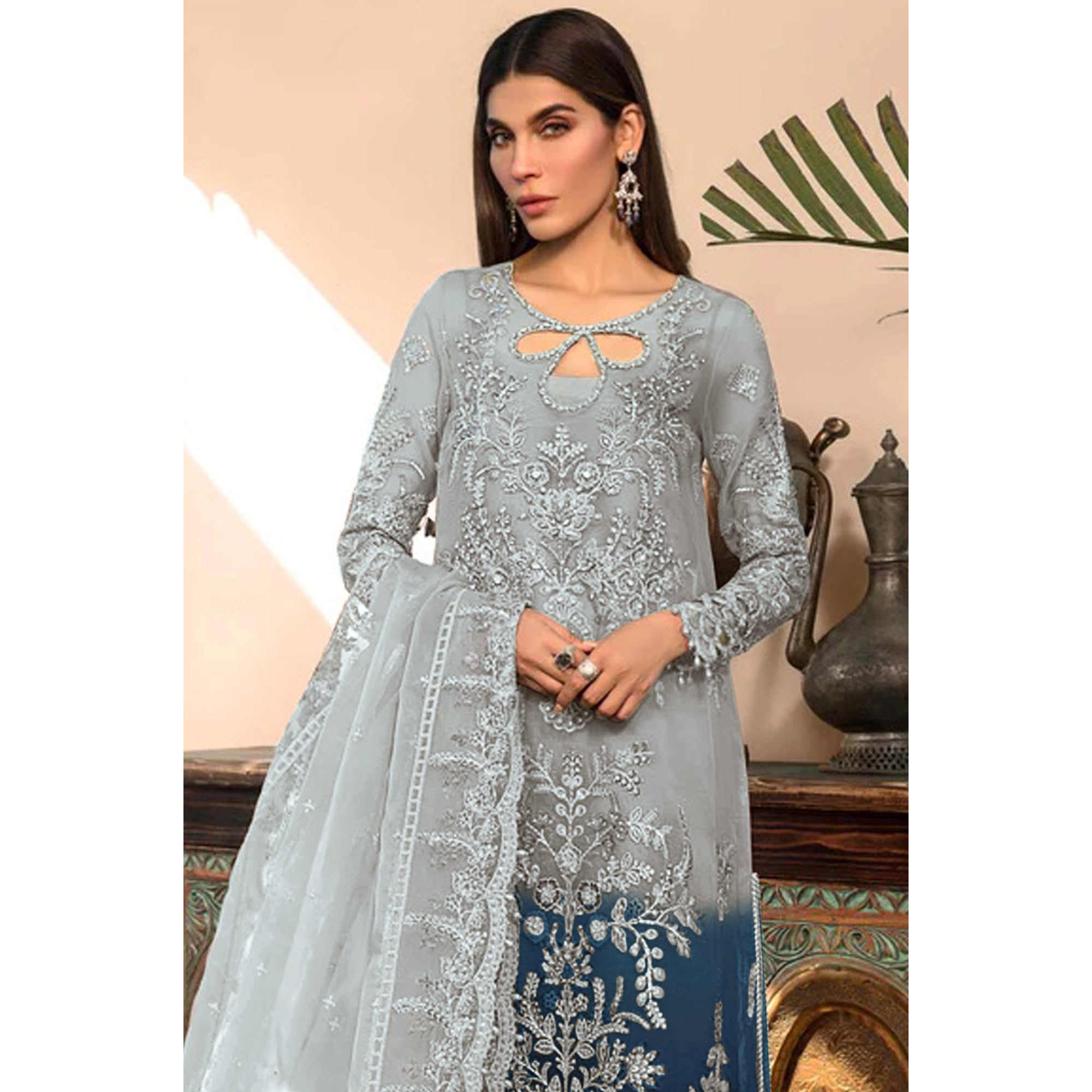 Grey & Blue Floral Embroidered Organza Semi Stitched Pakistani Suit