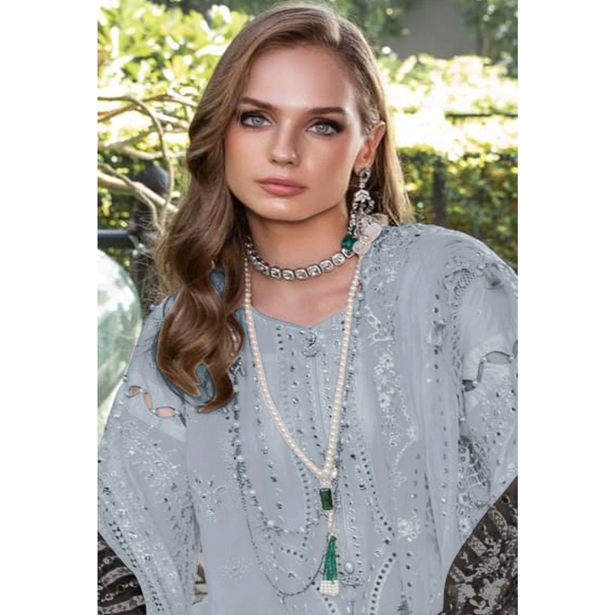 Grey Floral Embroidered Georgette Semi Stitched Pakistani Suit