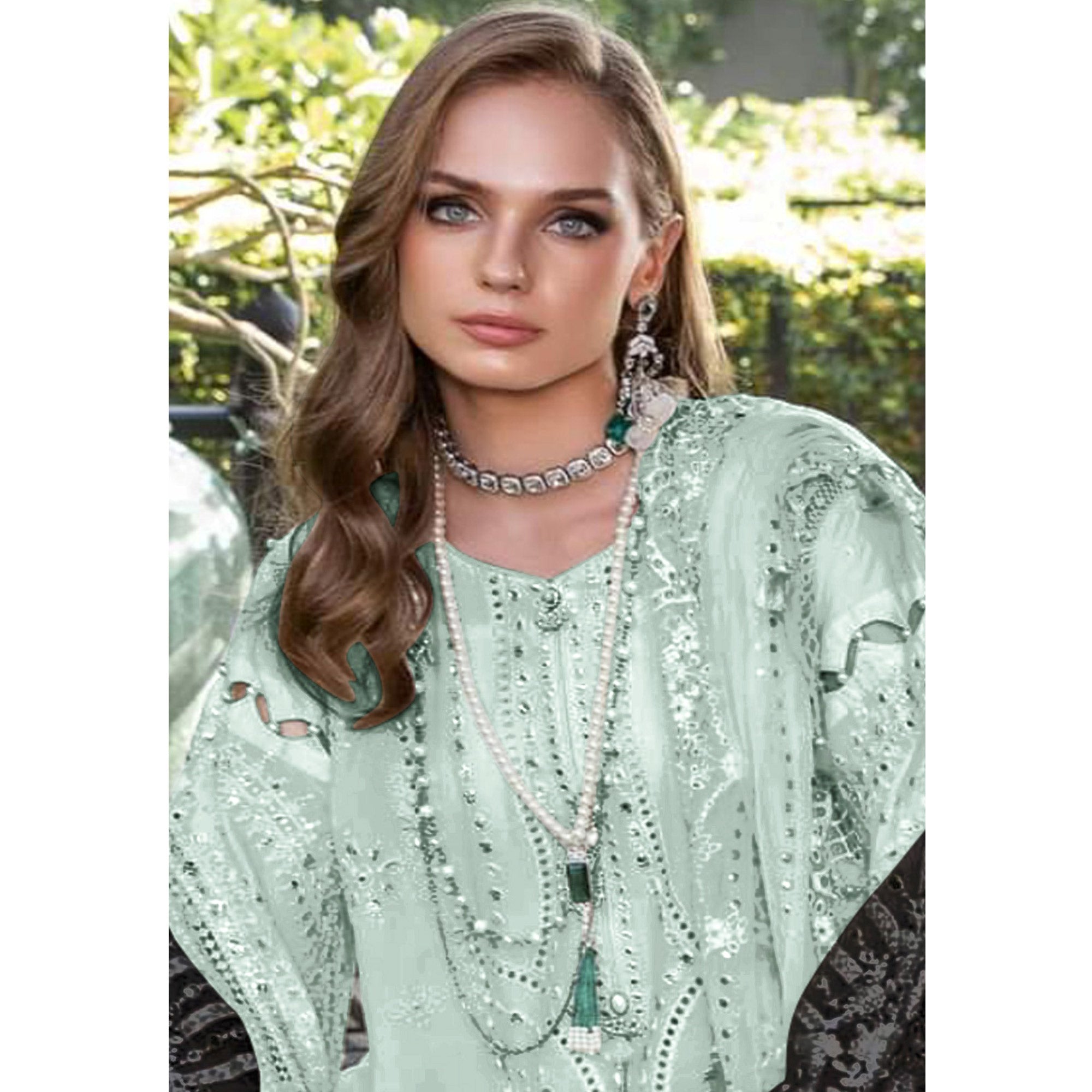 Green Floral Embroidered Georgette Semi Stitched Pakistani Suit