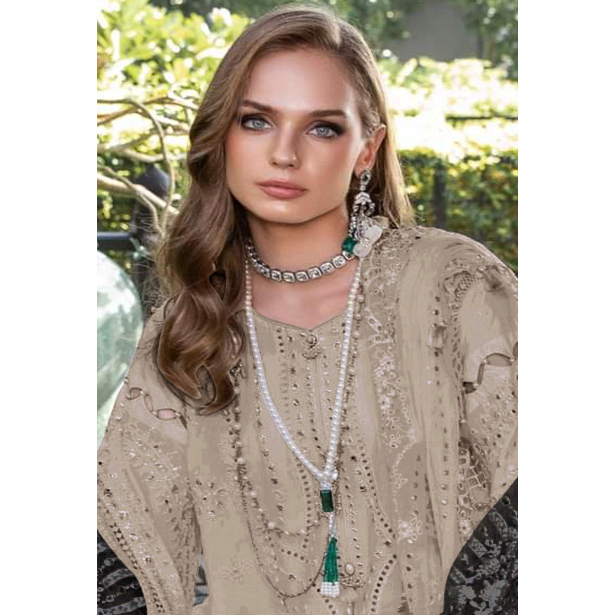 Beige Floral Embroidered Georgette Semi Stitched Pakistani Suit