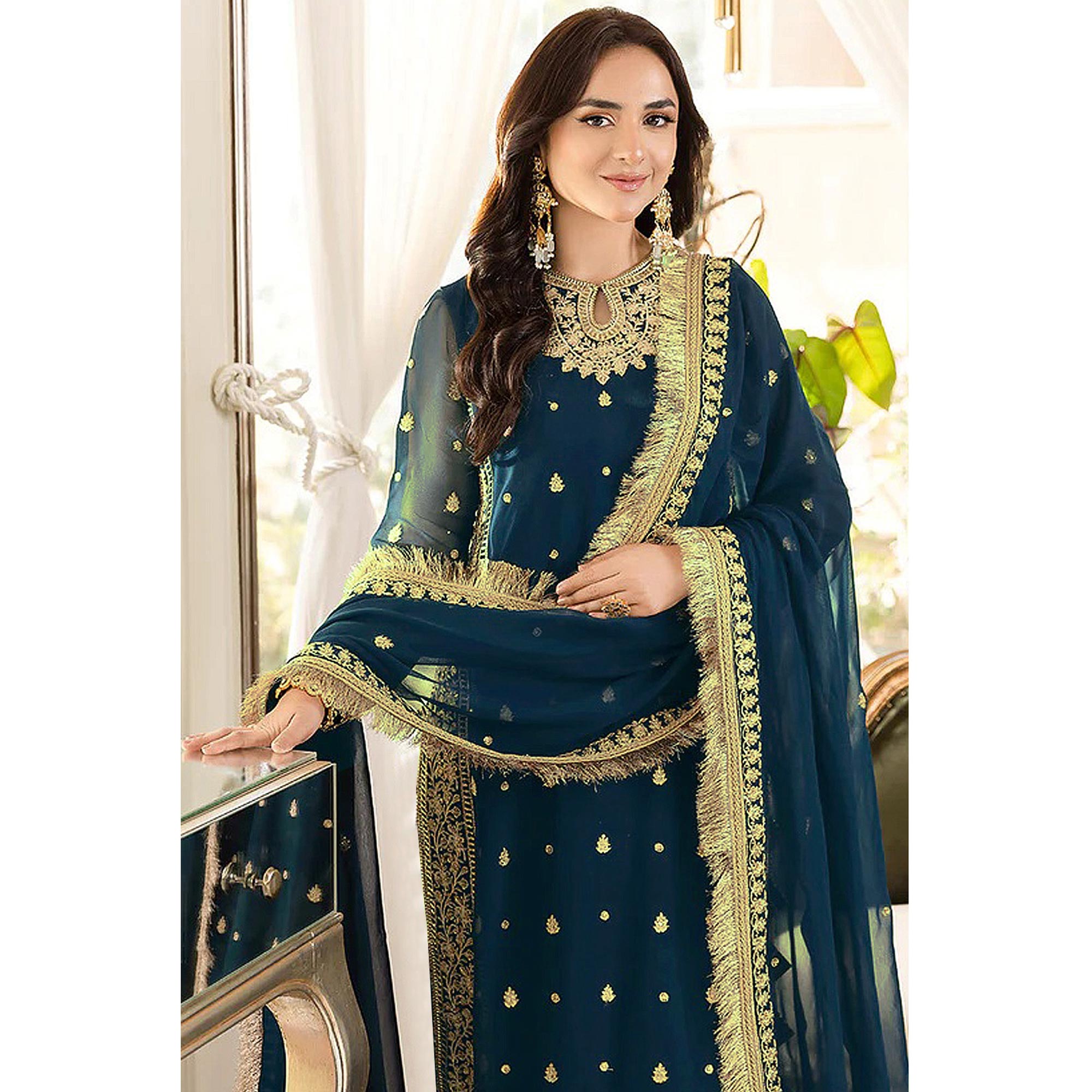 Blue Floral Embroidered Georgette Semi Stitched Pakistani Suit