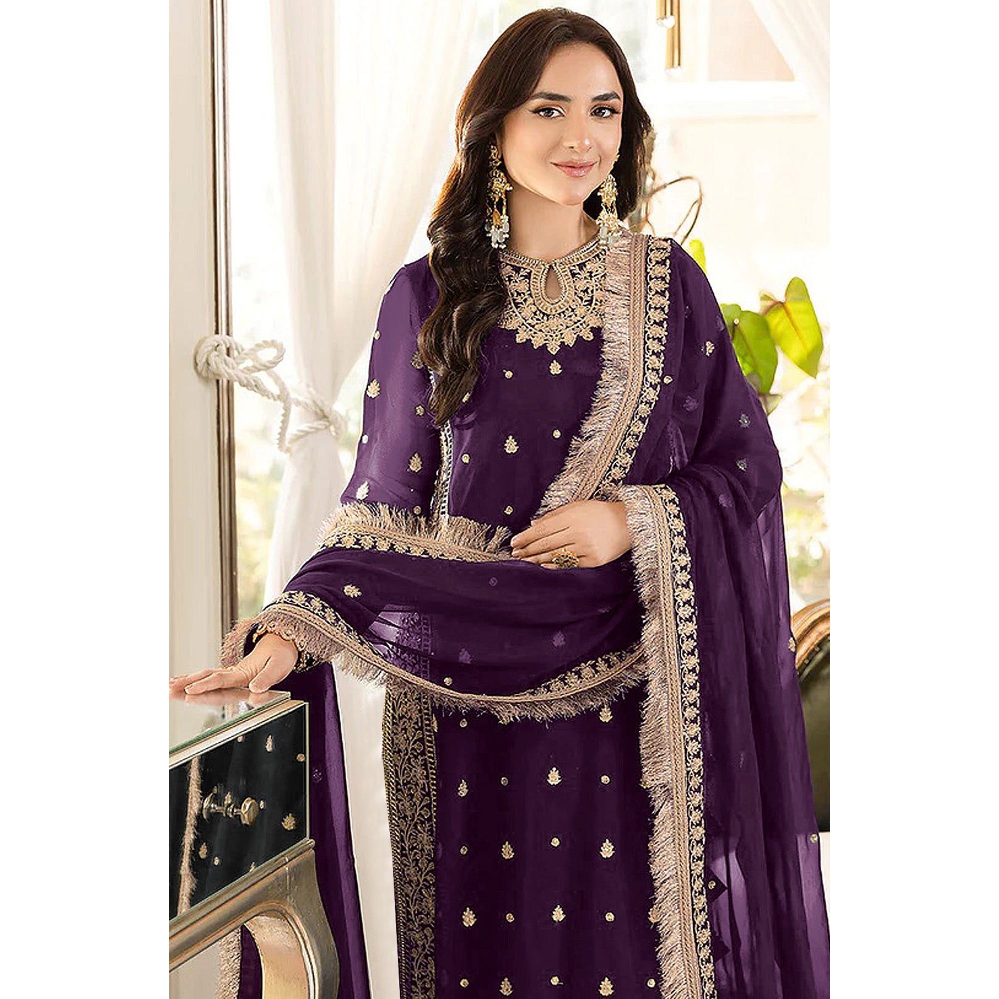 Purple Floral Embroidered Georgette Semi Stitched Pakistani Suit