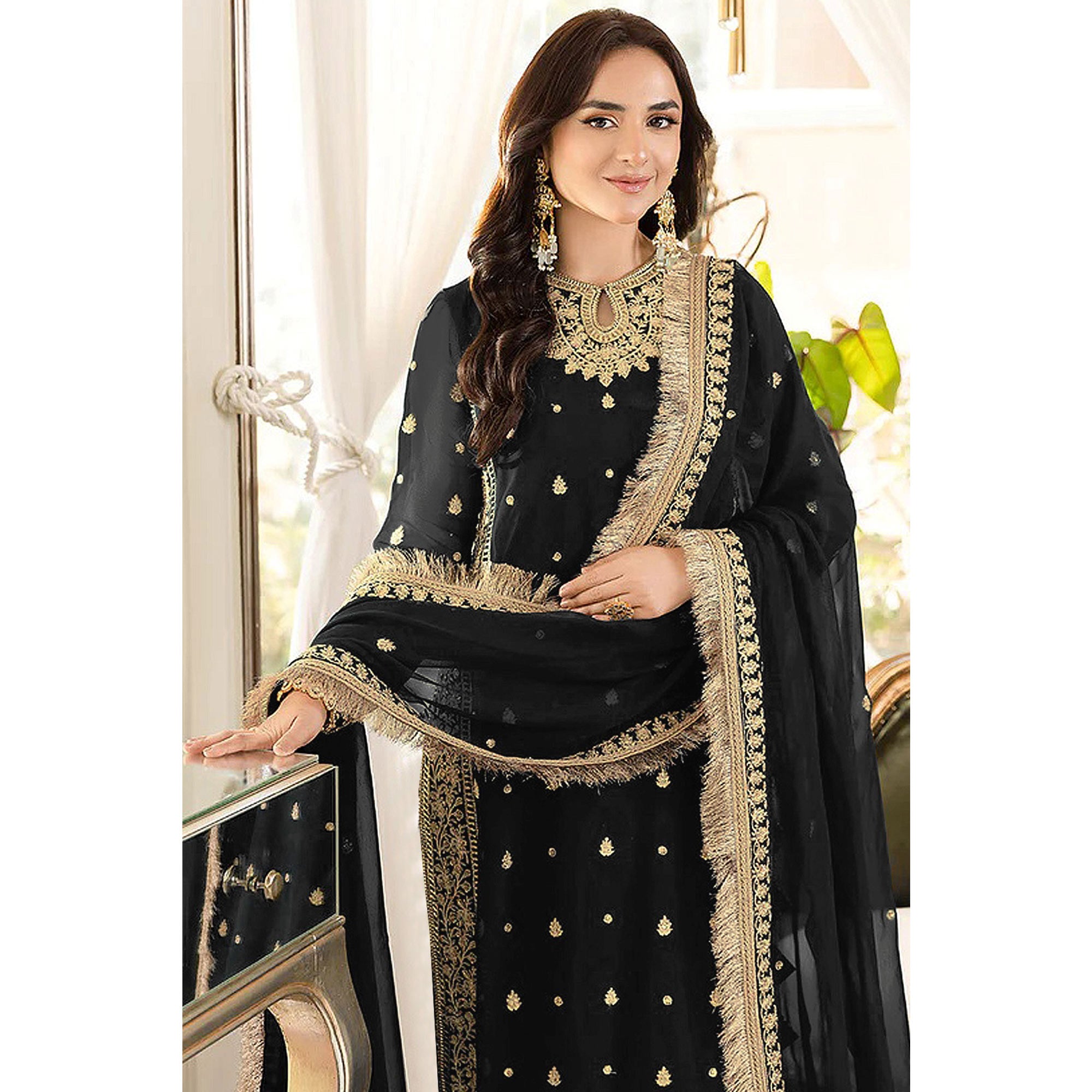 Black Floral Embroidered Georgette Semi Stitched Pakistani Suit