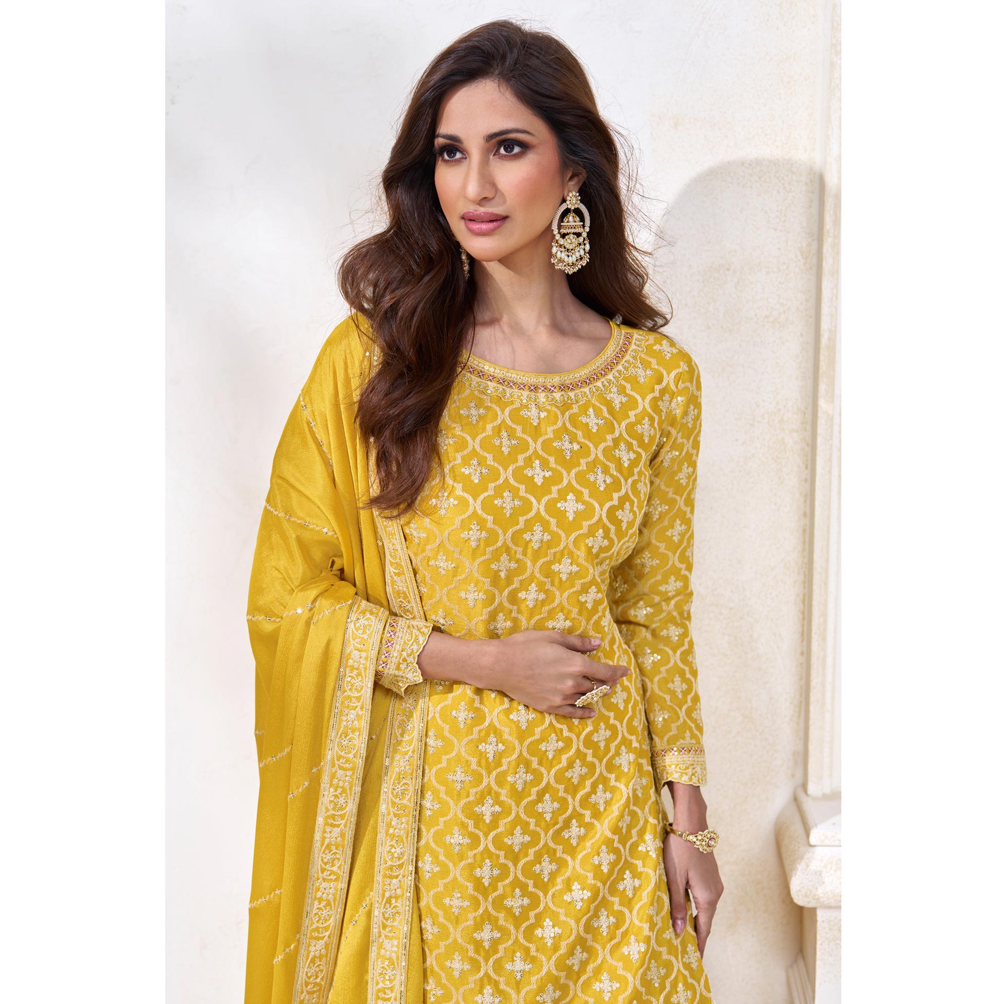 Yellow Embroidered Chinon Semi Stitched Sharara Suit