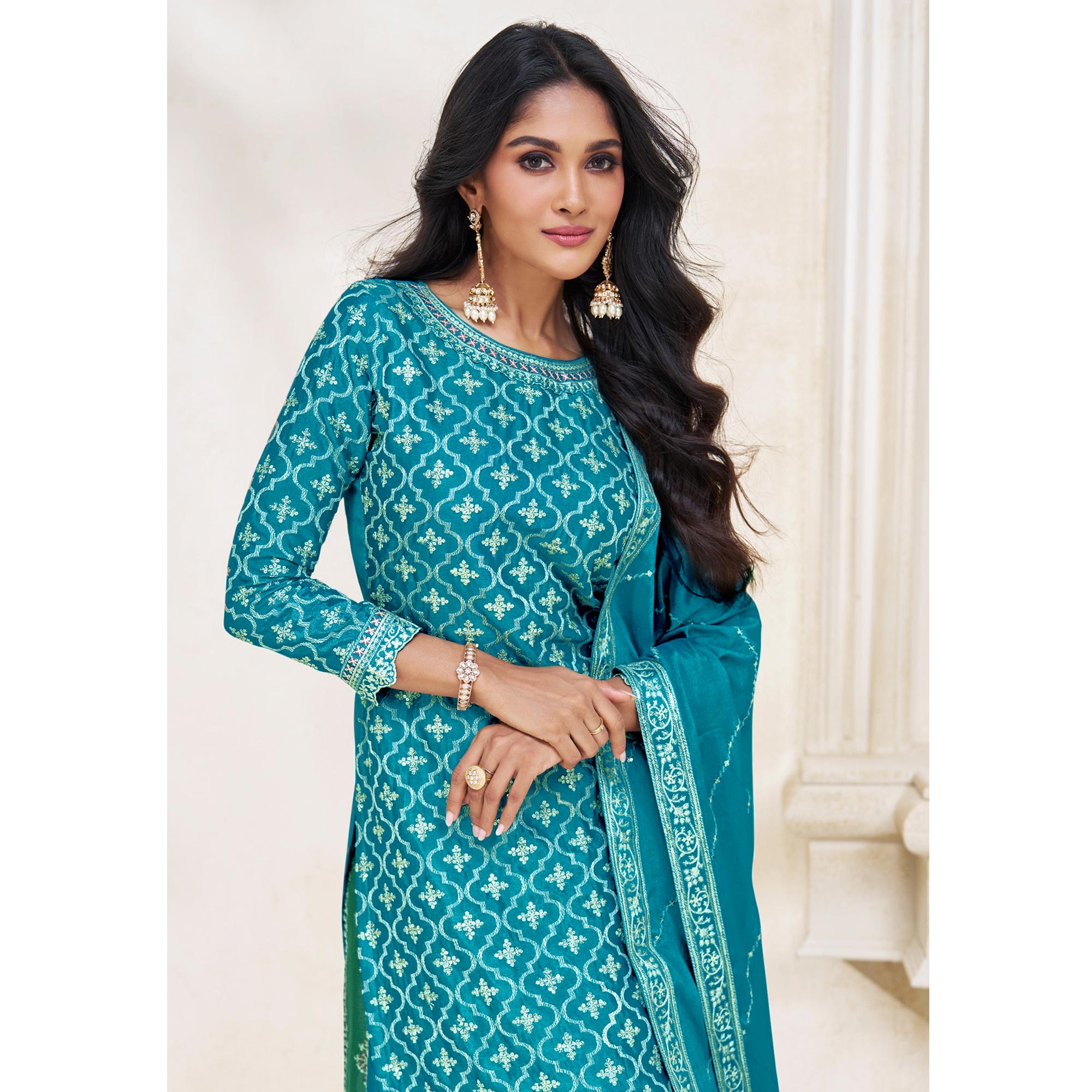 Blue Embroidered Chinon Semi Stitched Sharara Suit