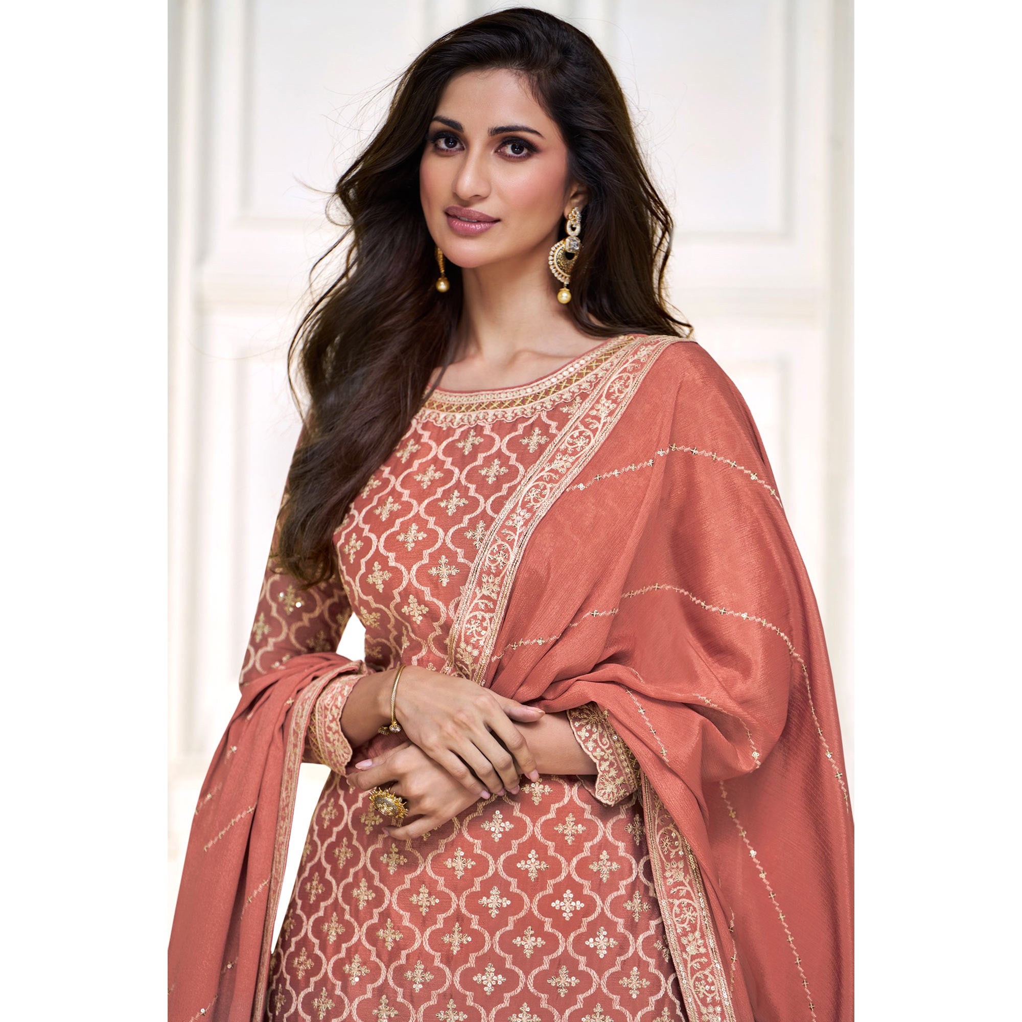 Peach Embroidered Chinon Semi Stitched Sharara Suit