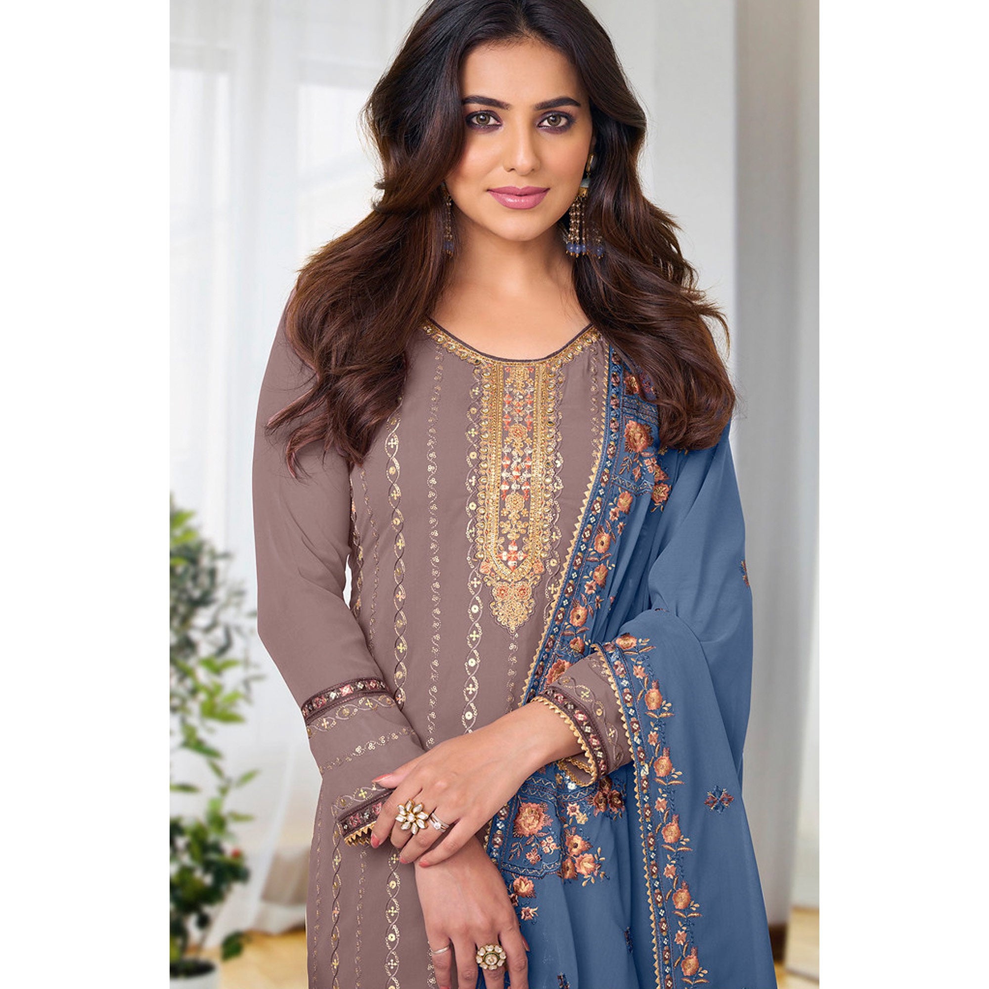 Brown Embroidered Georgette Semi Stitched Salwar Suit