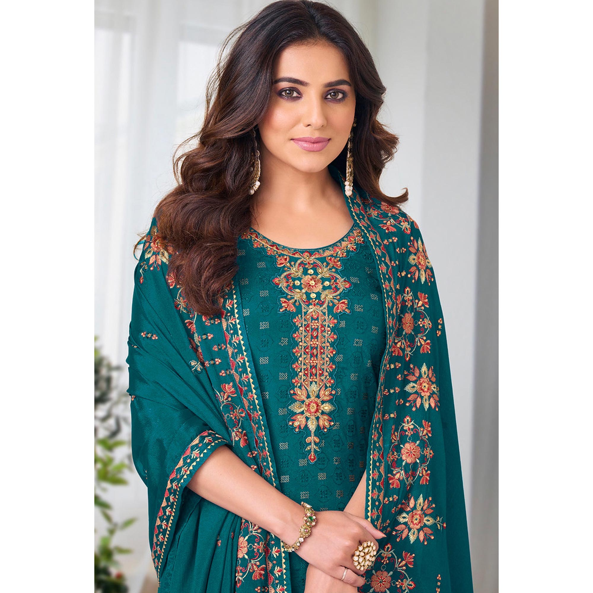 Teal Embroidered Georgette Semi Stitched Salwar Suit