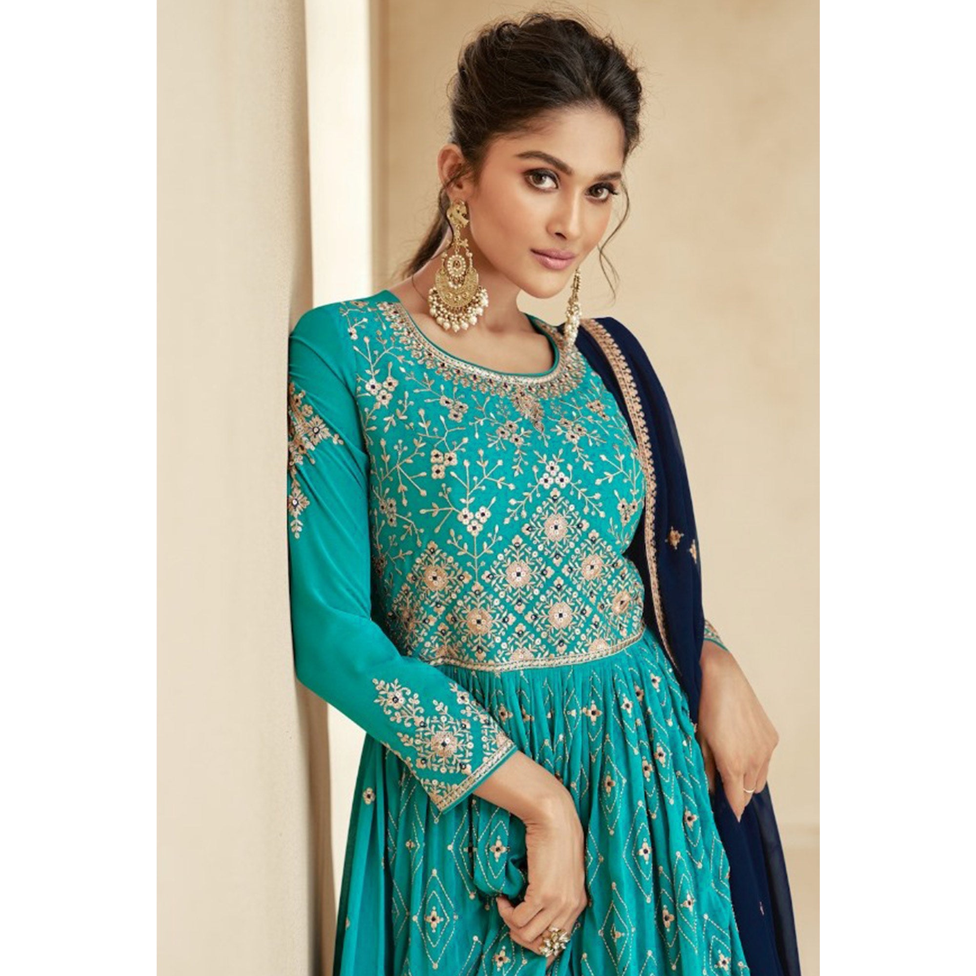 Rama Blue & Navy Blue Embroidered Georgette Semi Stitched Sharara Suit