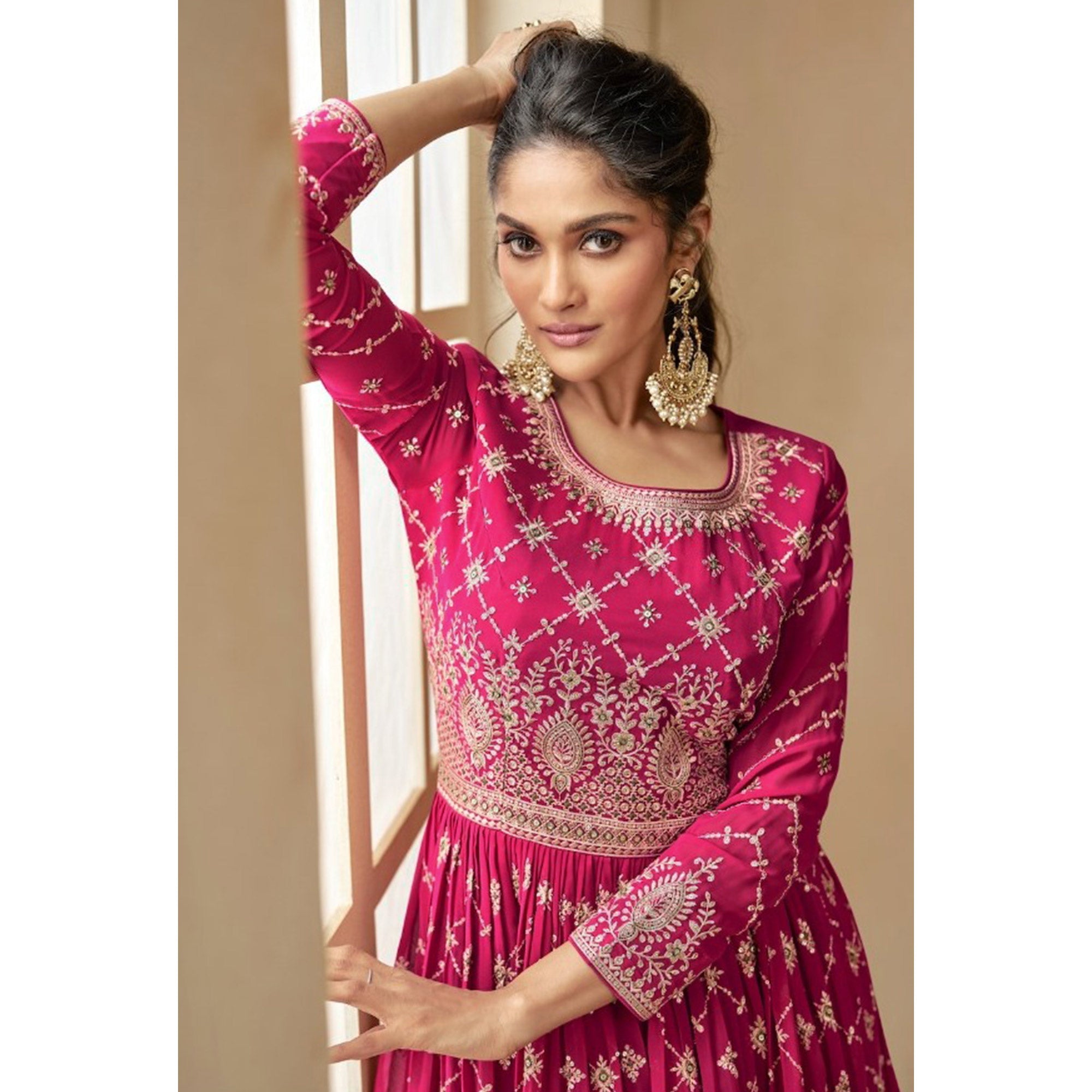 Pink & Green Embroidered Georgette Semi Stitched Sharara Suit