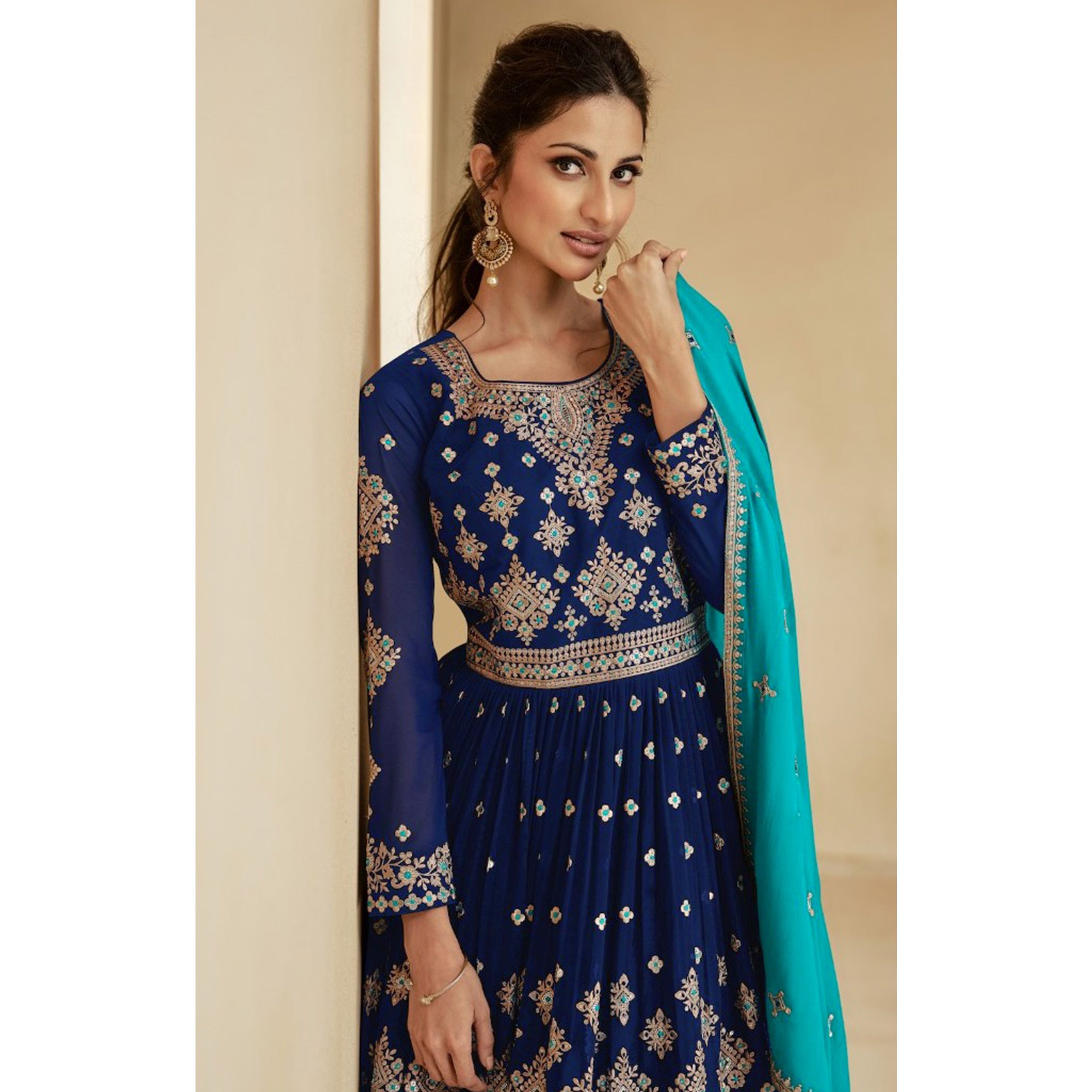 Navy Blue & Rama Green Embroidered Georgette Semi Stitched Sharara Suit