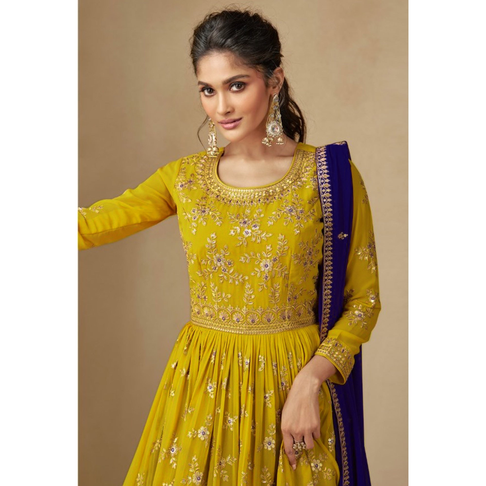 Yellow & Purple Embroidered Georgette Semi Stitched Sharara Suit