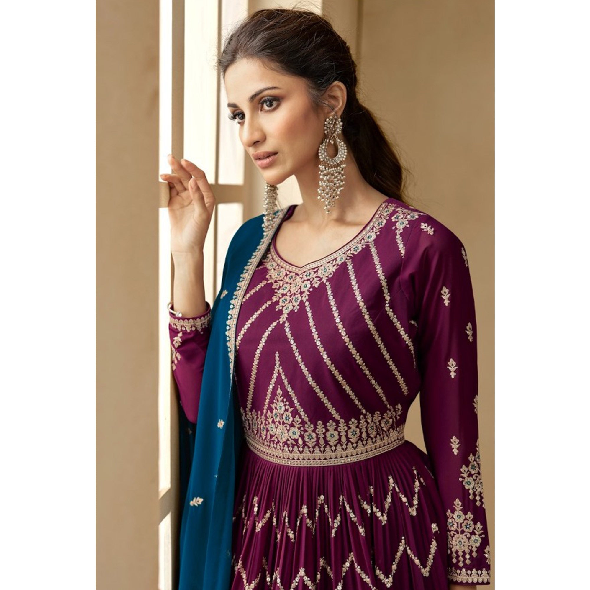 Burgundy & Teal Blue Embroidered Georgette Semi Stitched Sharara Suit