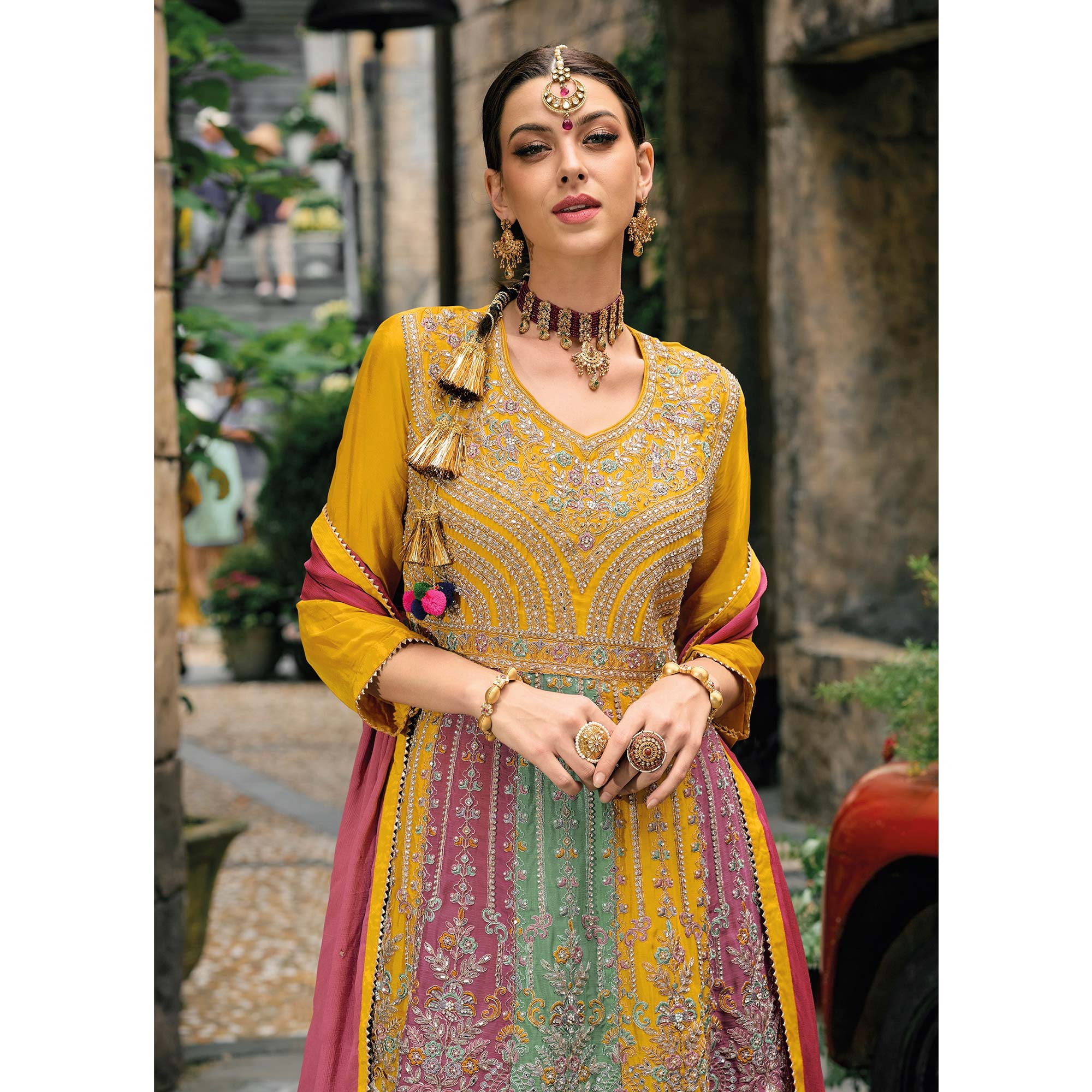 Yellow Embroidered Chinon Semi Stitched Sharara Suit