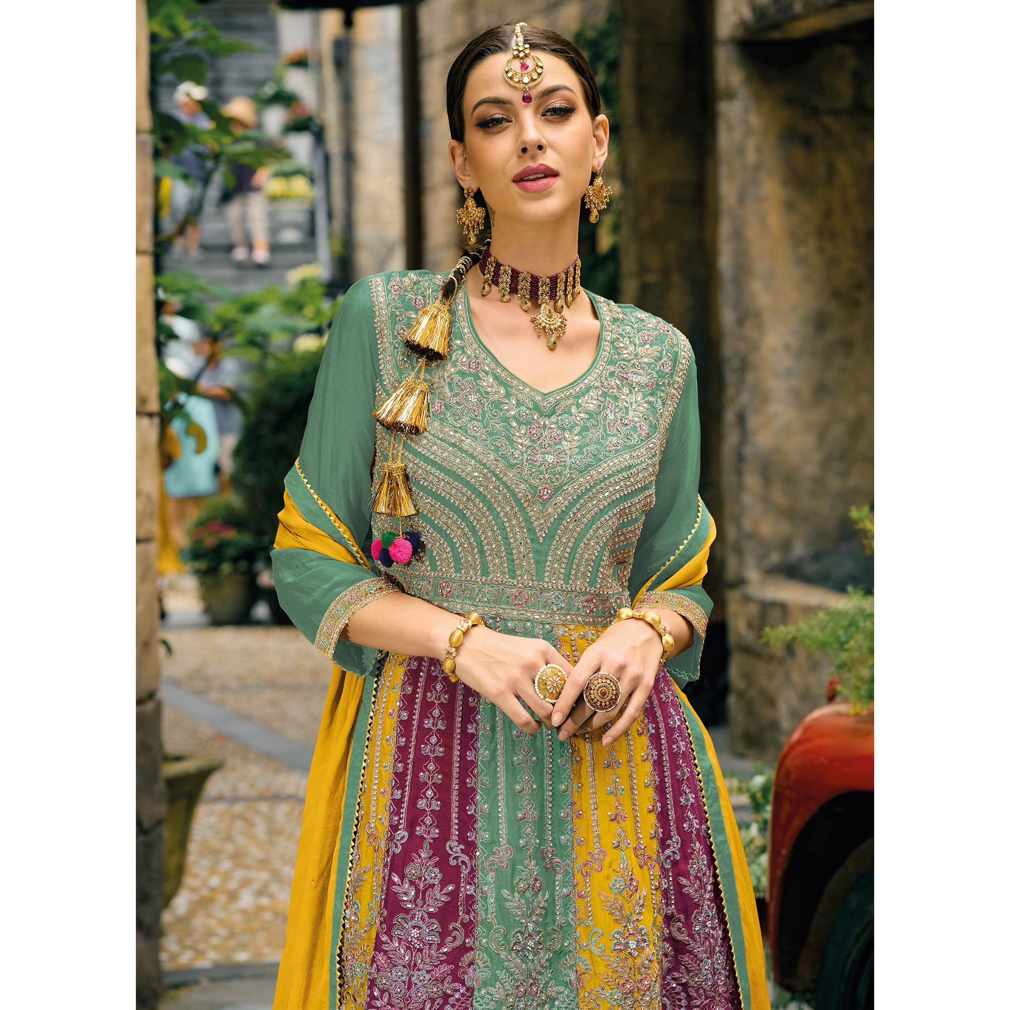 Green Embroidered Chinon Semi Stitched Sharara Suit