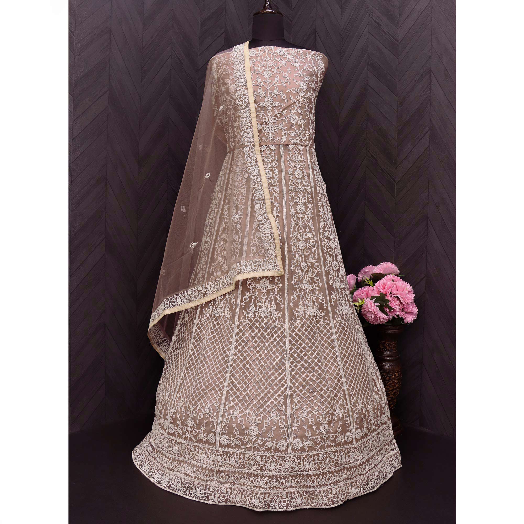 Mauve Floral Embroidered Net Semi Stitched Anarkali Suit