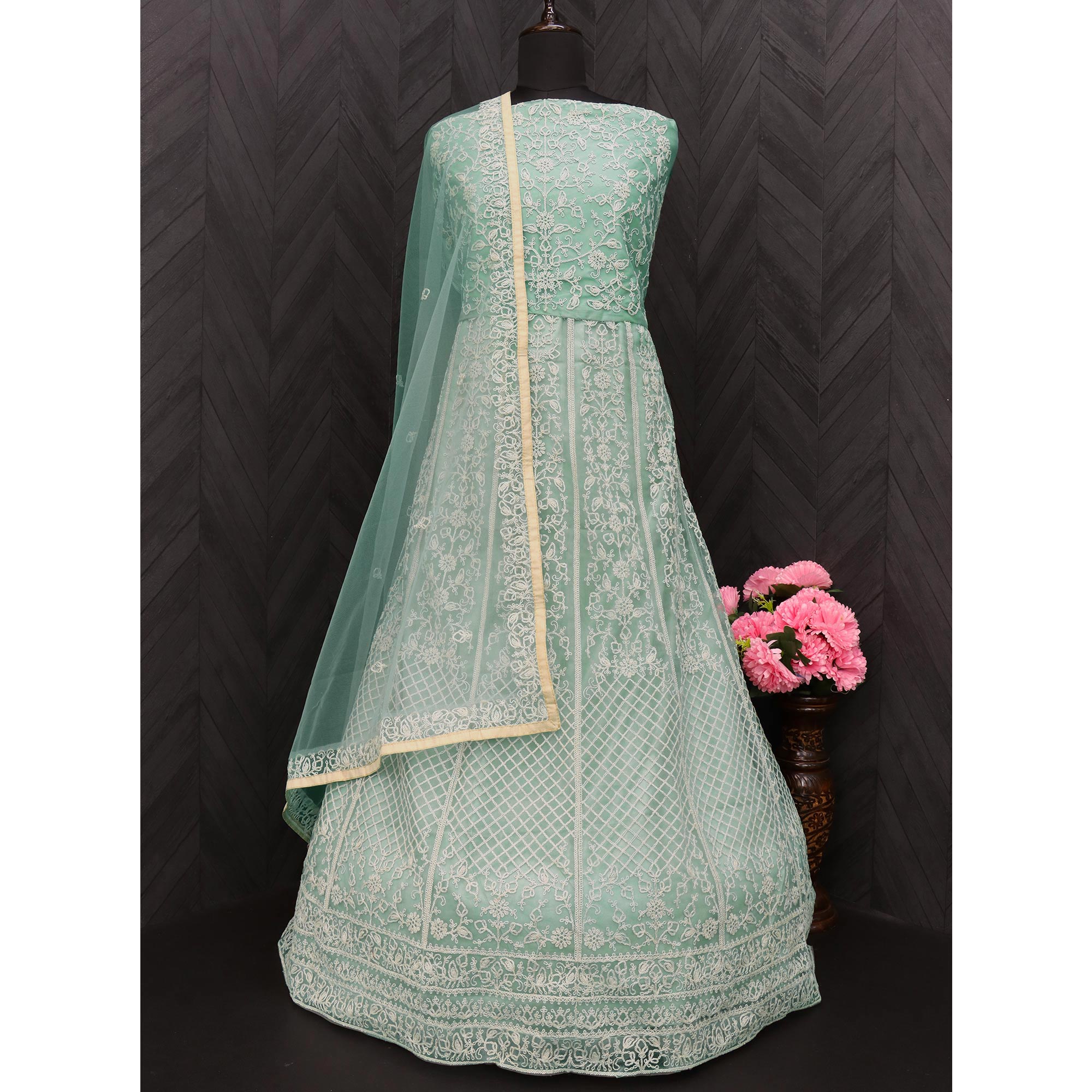 Green Floral Embroidered Net Semi Stitched Anarkali Suit