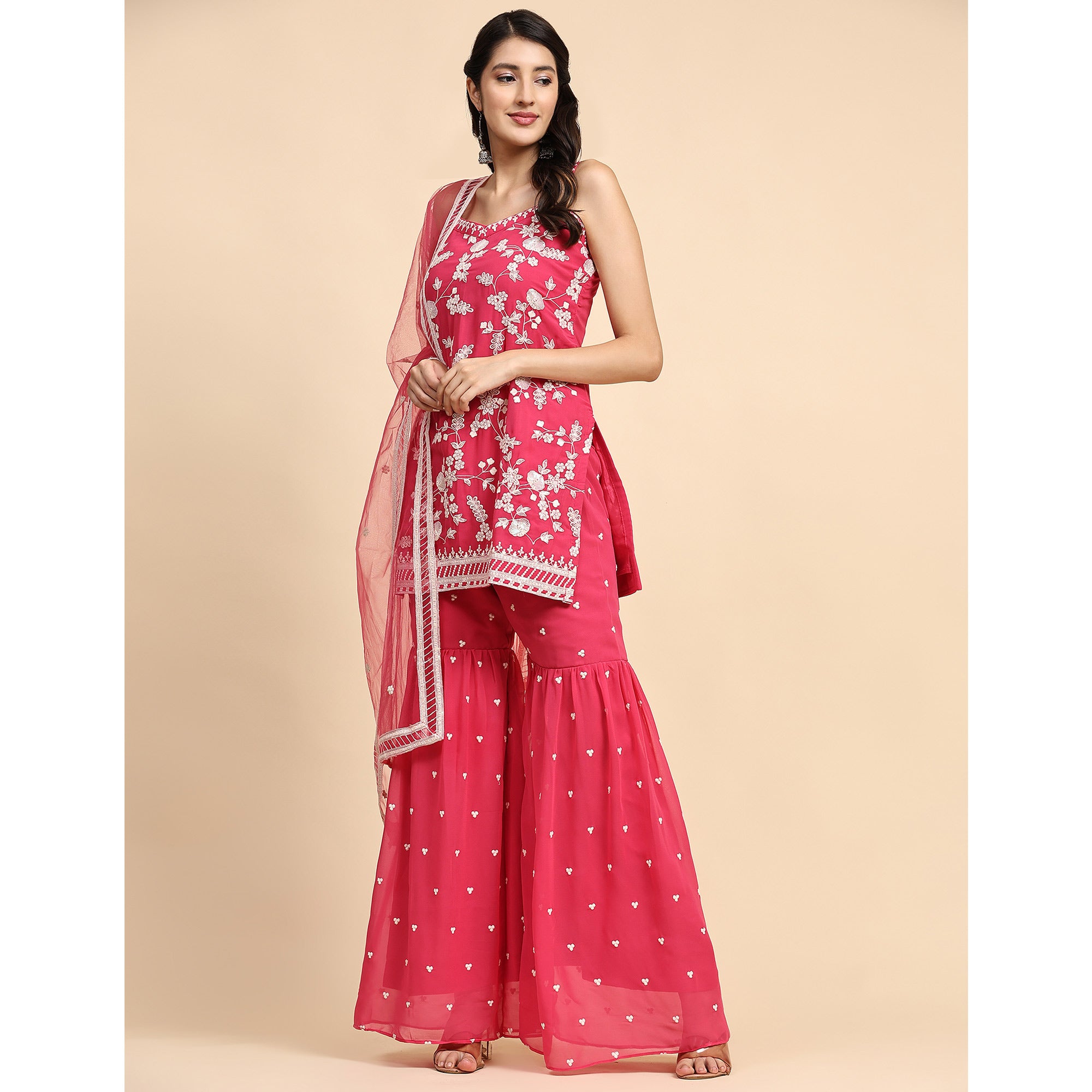 Pink Floral Sequins Embroidered Georgette Semi Stitched Suit